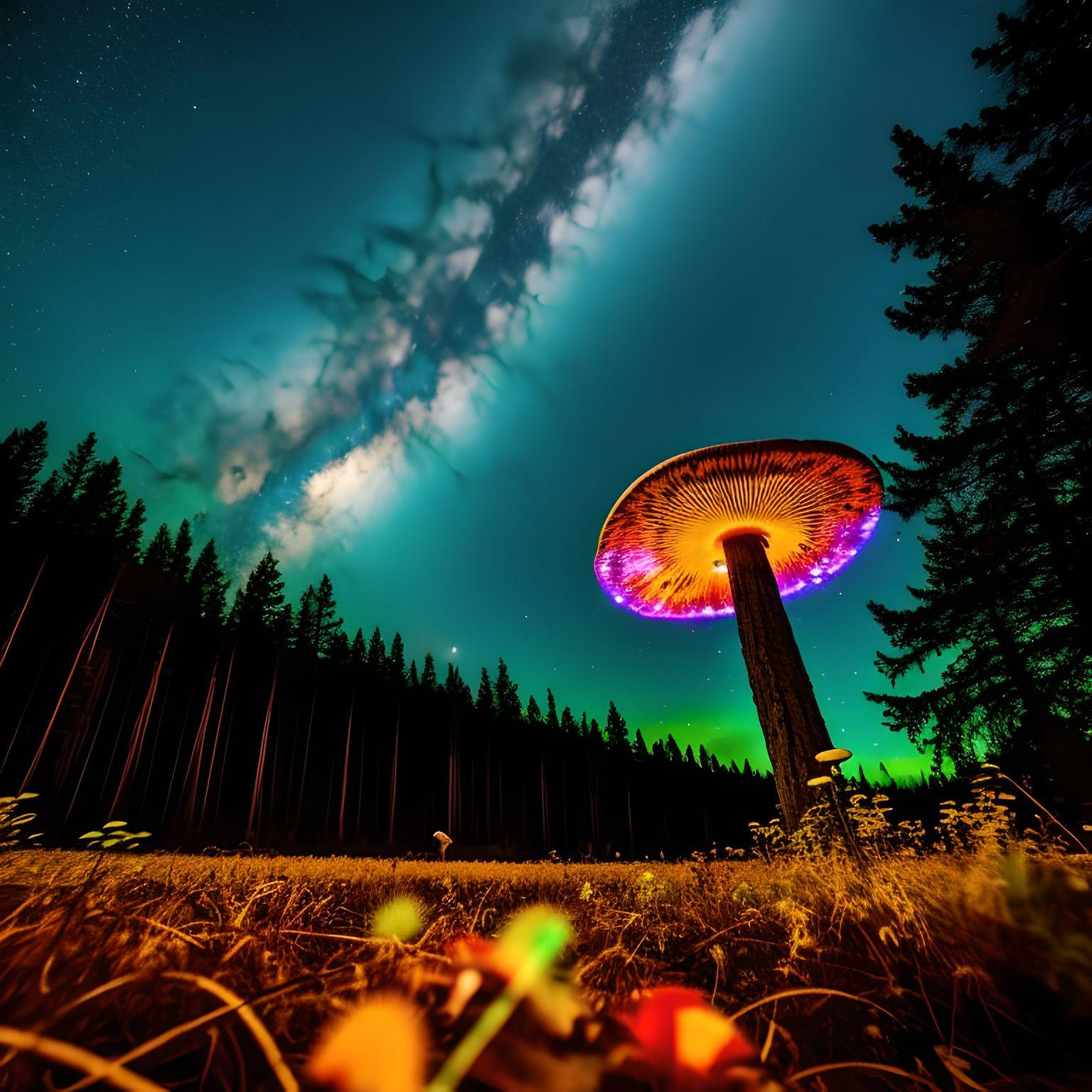A surreal scene depicting a large, illuminated mushroom against a starry sky and Milky Way horizon, surrounded by forest silhouettes and colorful plants in the foreground.