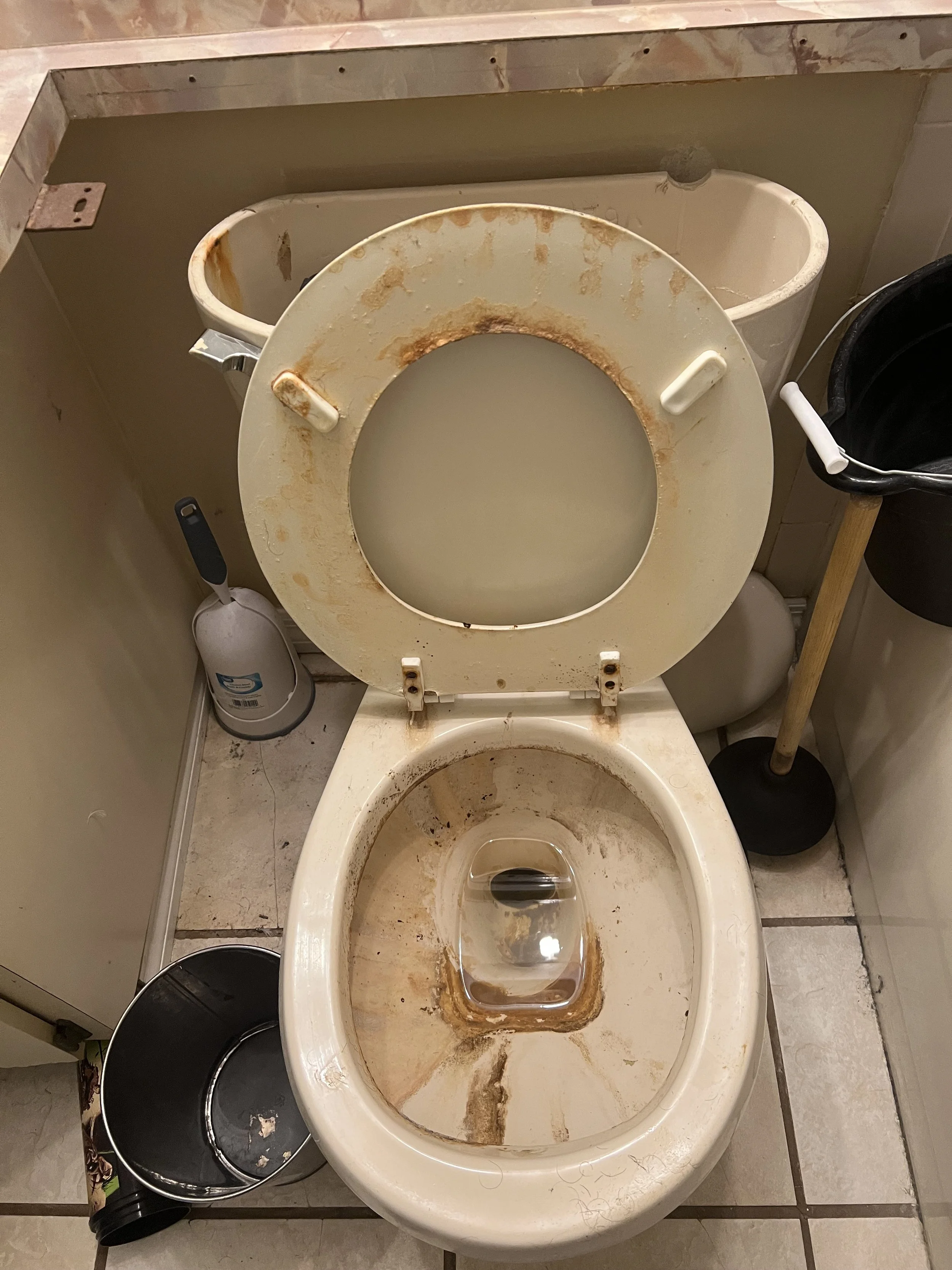 Dirty toilet with rust stains and dirty water in the bowl, with a rusty and stained toilet seat. There is a plunger and a trash can nearby.