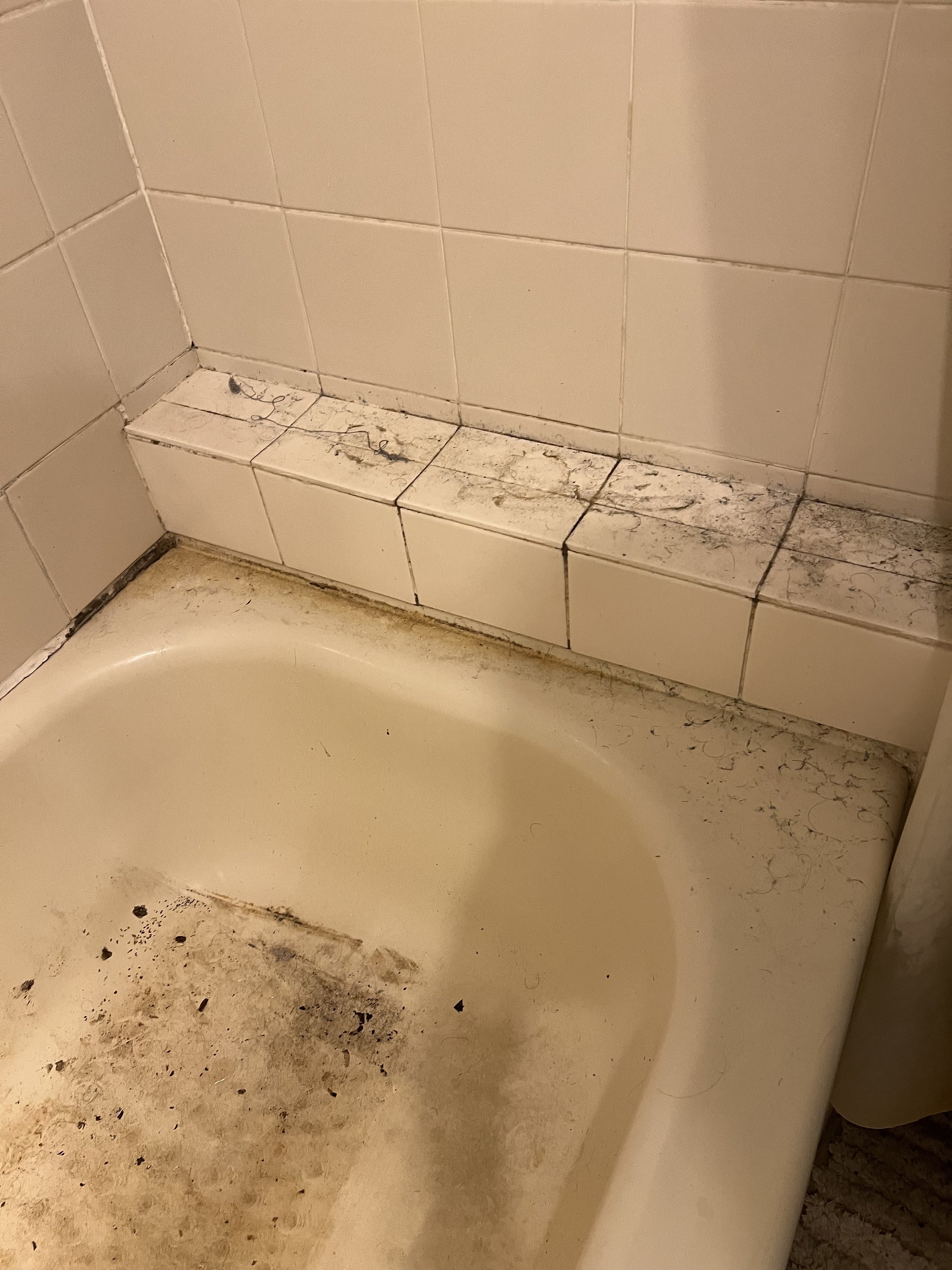 Dirty bathtub and tiled wall with mold or mildew.