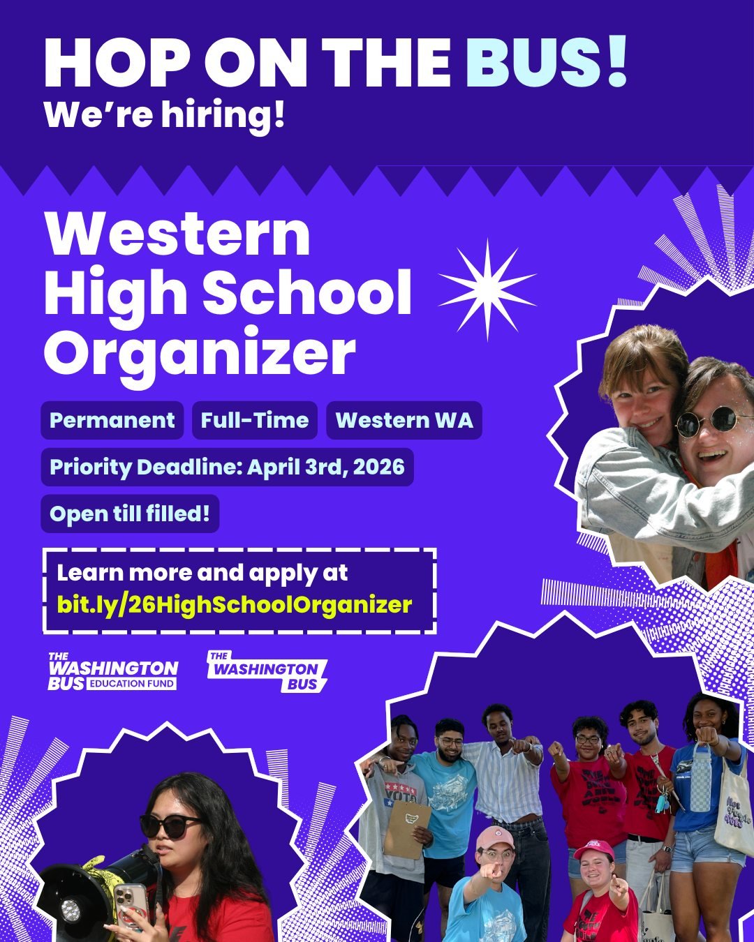 BUS JOB ALERT! our mighty crew is expanding&mdash;we're hiring a Western Washington High School Organizer to drive our High School programming through the Washington Bus and the Washington Bus Education Fund!

if you are excited about building youth 