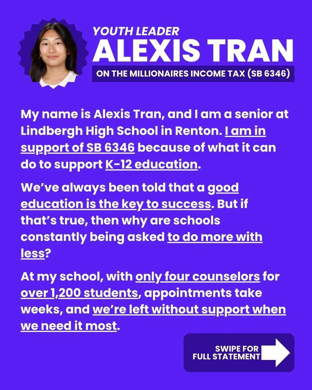 Alexis Tran, an incredible young advocate and youth community leader from Renton urges members of the legislature to pass genuine, transformative revenue that will power investments for youth across our state. 

Read her full statement, and then emai
