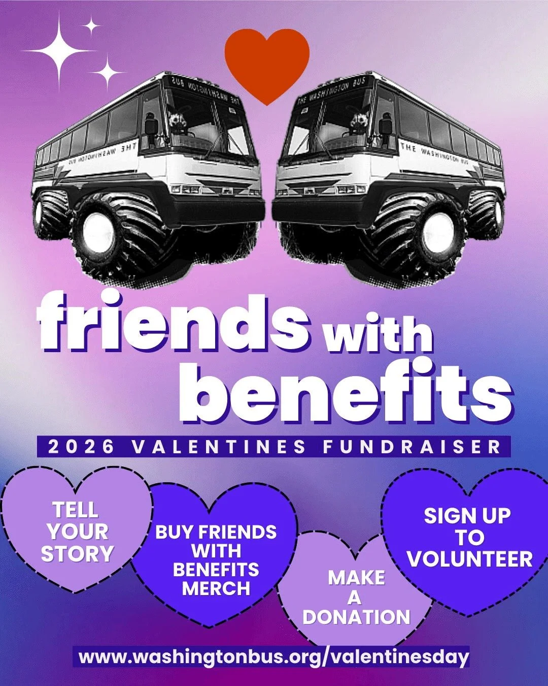 friends with benefits is so back! 😘 🚌 

this valentines day, show (b)us some love and help support our leadership development work by telling your bus story, buying some friends with benefits merch, signing up to volunteer, or making a monthly dona