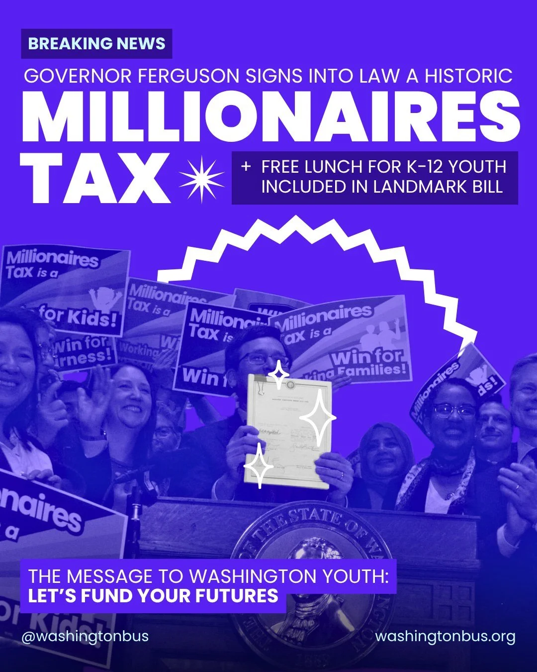 BREAKING NEWS: Governor Ferguson signs into law a historic MILLIONAIRES TAX
+ it includes FREE LUNCH for K-12 youth!

- Comment "WIN" to sign up for our action alerts where you can learn how to be involved in the fight to defend this revenu