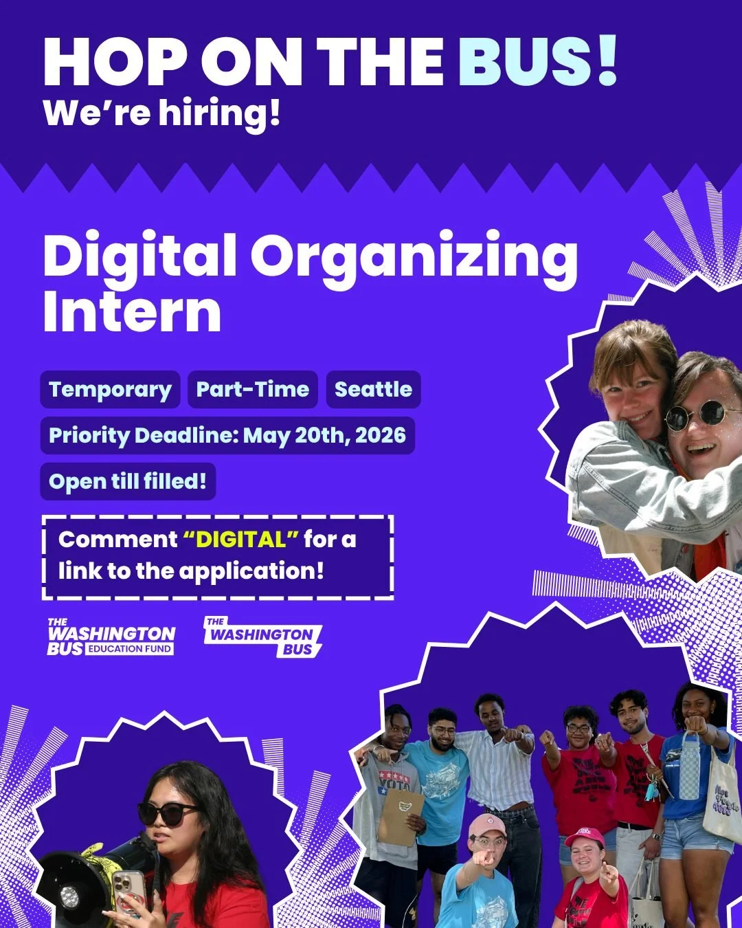 BUS JOB ALERT! The Washington Bus is seeking a creative and collaborative Digital Organizing Intern to join our incredible team of powerful narrative organizers&mdash;who are driving our youth agenda forward by changing hearts and minds through digit