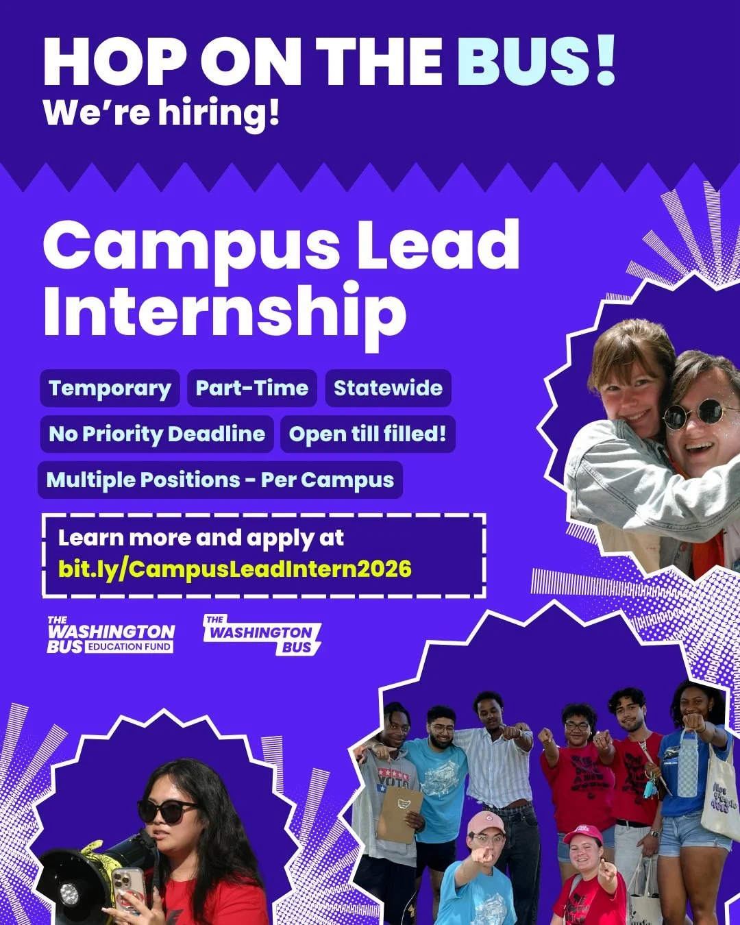 BUS JOB ALERT! The Washington Bus is seeking Campus Leads to elevate our student organizing work on college campuses this election cycle!

If you are excited about building power with students among campuses in Washington State alongside a small team