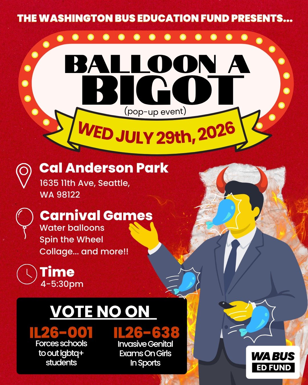 Are you feeling frustrated with how out of state millionaire's are influencing our local politics? Come stop by at Cal Anderson Park to play games, win prizes and learn more about the initiatives on your upcoming ballot.

Date: July 29th 
When: 4:00p