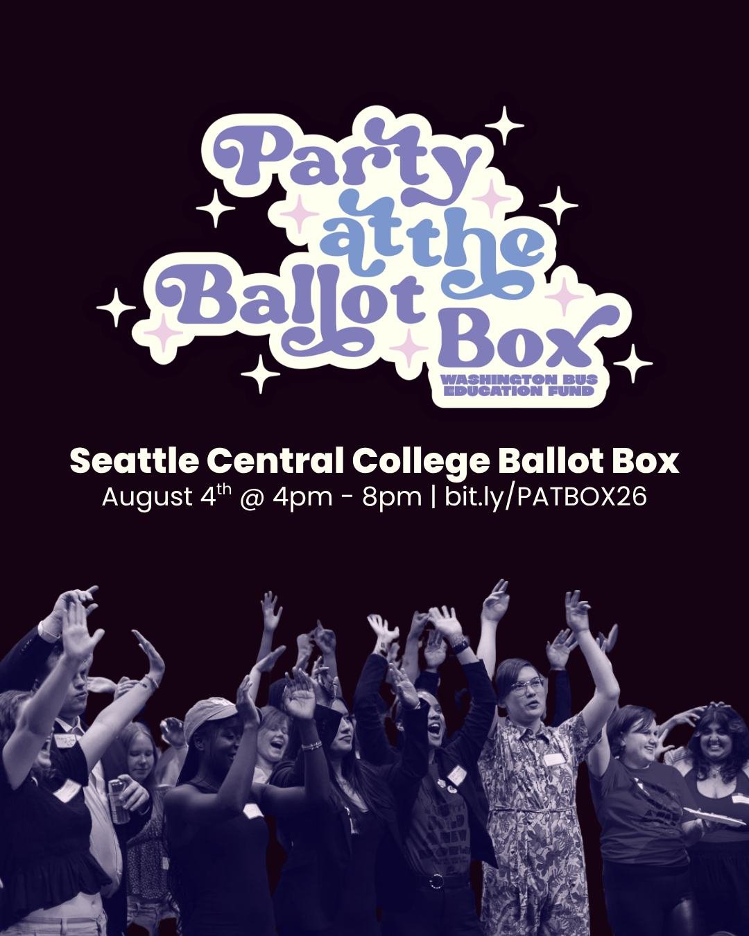 COMMENT "PARTY" TO RSVP FOR PARTY AT THE BALLOT BOX!

The WA Bus Ed Fund is holding our election night voter engagement bash&mdash;dubbed "Party at the Ballot Box"&mdash;where we post up at the Seattle Central College ballot box a