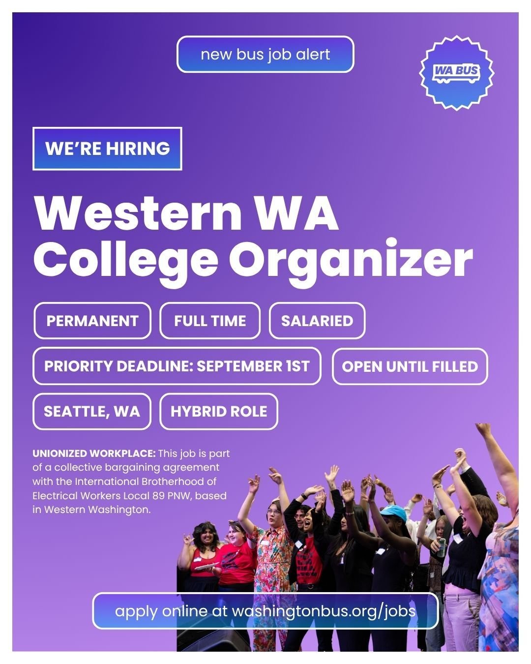 A little birdie told us there's one more seat on the bus 👀 we are hiring a Western WA College Organizer as well!! 🤩 

Similar to our previous listing - do you have an interest in working with and empowering youth? Or a love for making a difference 