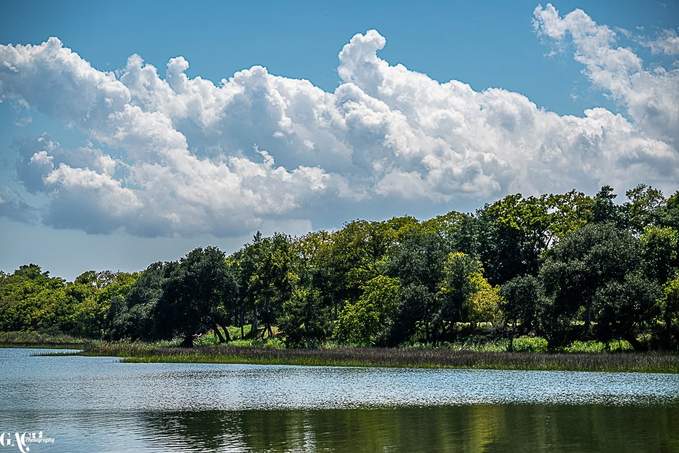 A scenic landscape featuring a calm body of water in the foreground, lush green trees along the shoreline, and a dramatic sky filled with large, fluffy white clouds.