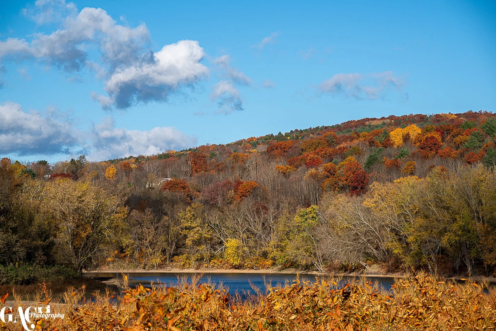 Autumn landscape with colorful trees on a hillside, a river in the foreground, and a partly cloudy blue sky.