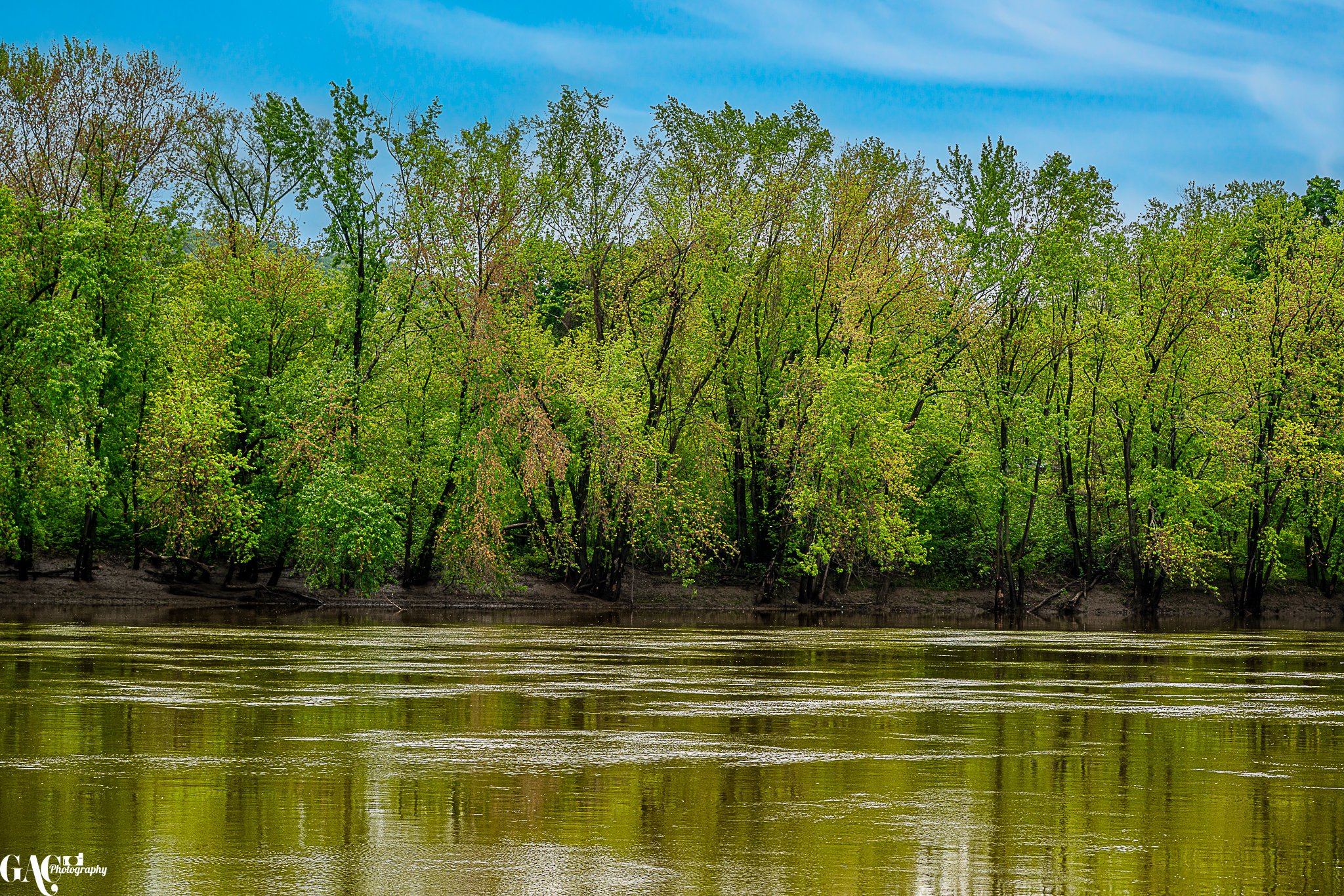 River with reflection of green trees and blue sky.