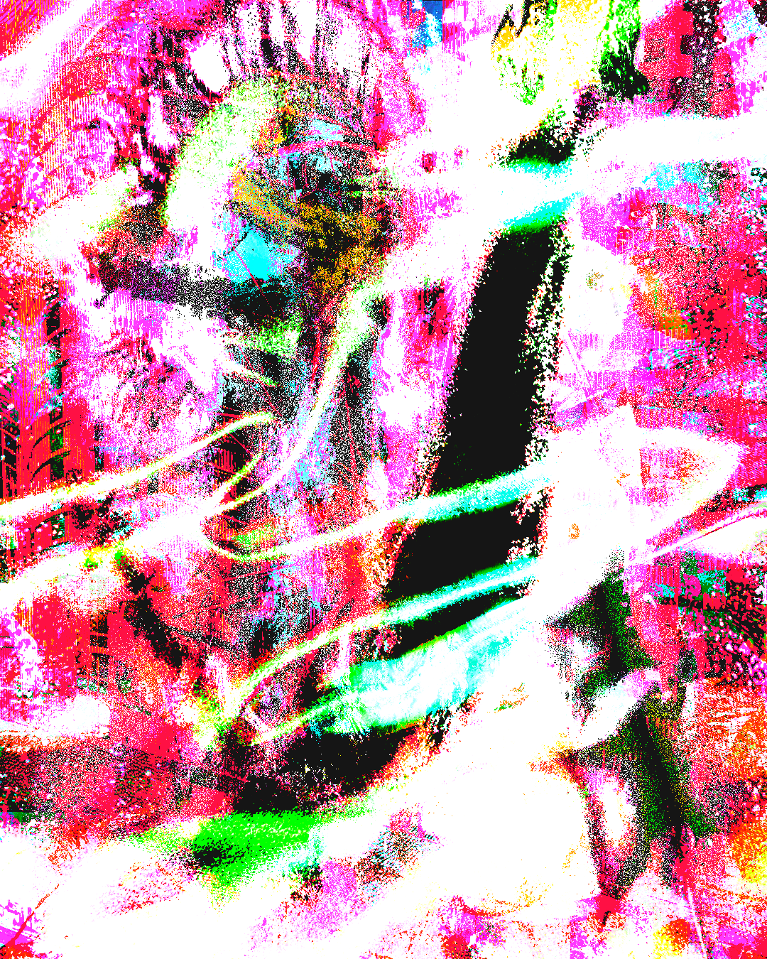 Abstract digital art with vibrant pink, green, blue, black, and white colors, featuring glitch-style patterns and distorted shapes.