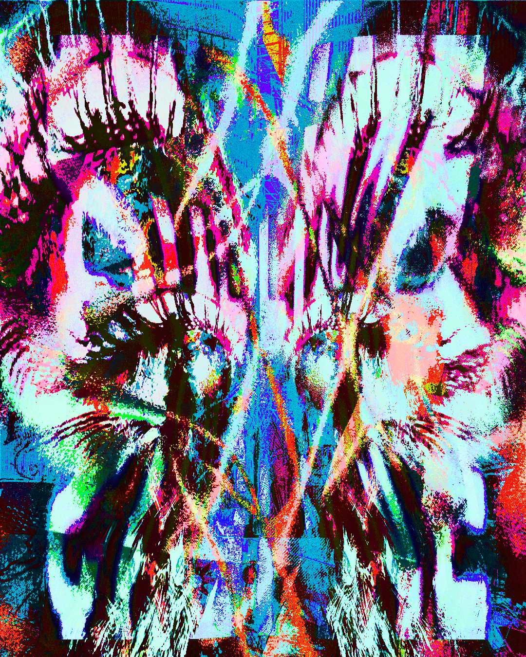 Abstract digital art featuring vibrant colors, intricate patterns, and a faint outline of a tiger's face.