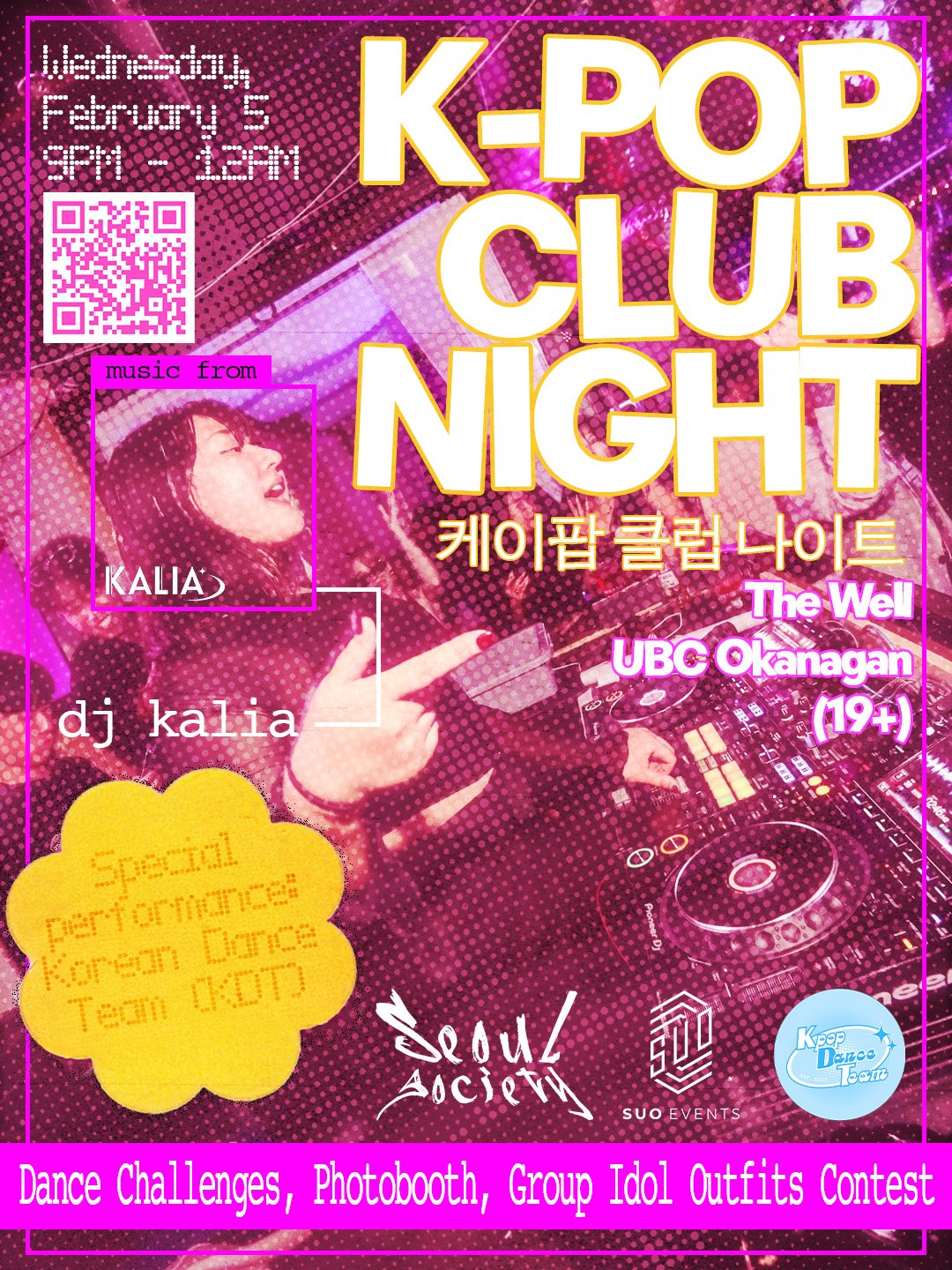 Pink-colored poster for a K-pop club night event featuring a DJ in a photo, with event details in both English and Korean. Includes a QR code, promotional text about special performances and group contests, and logos of event organizers.