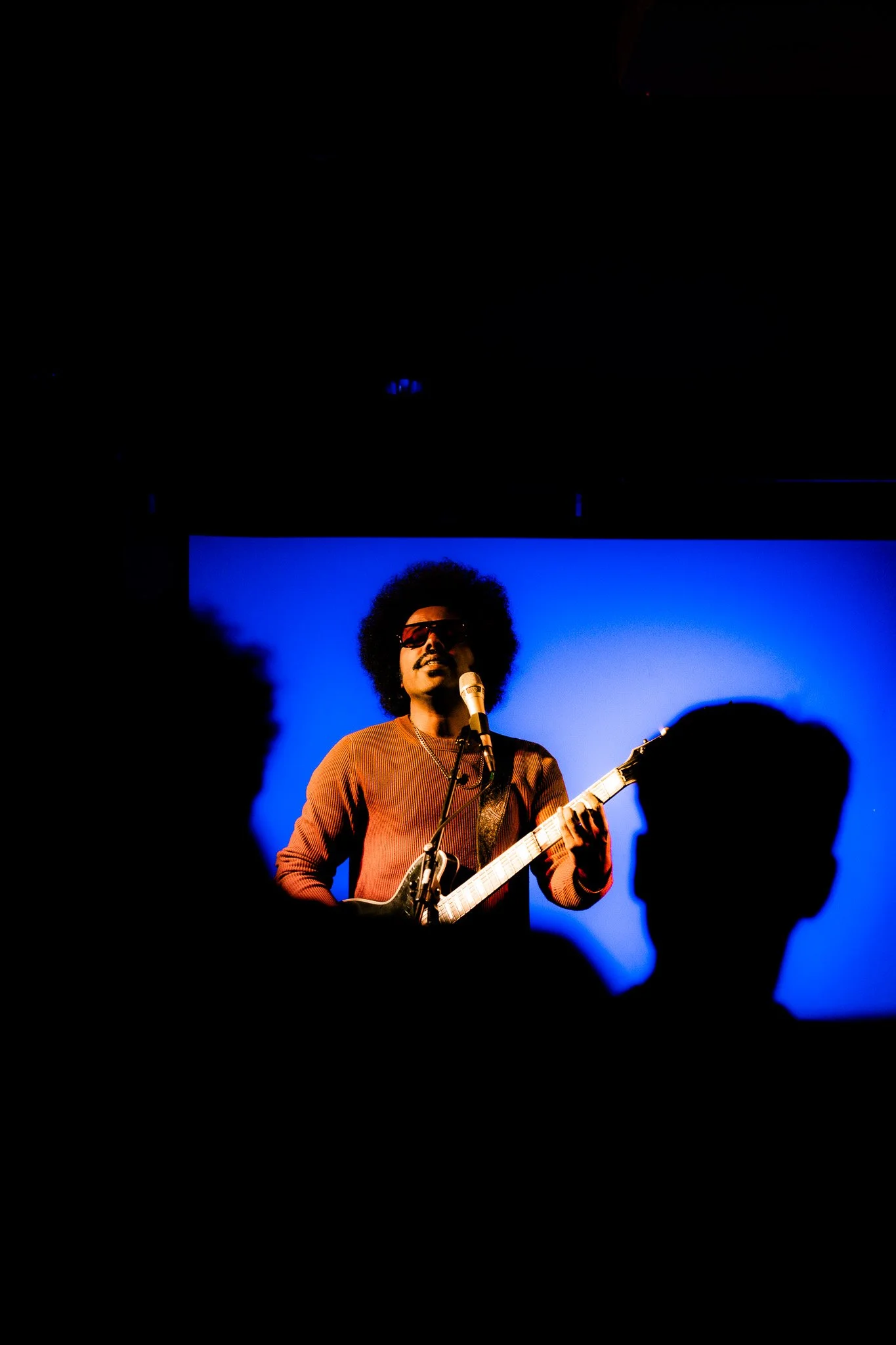 A person with an afro hairstyle and sunglasses playing an electric guitar on stage, illuminated by a blue background, with silhouettes of audience members in the foreground.
