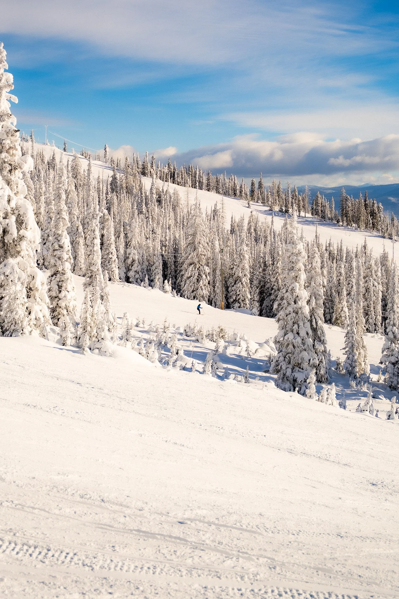 Snow-covered ski slope with tracks and a skier in the distance, surrounded by snow-laden trees, under a partly cloudy sky.