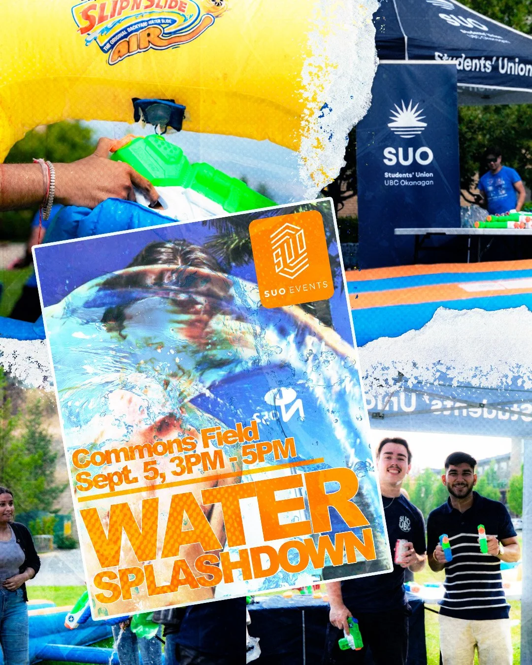 A water splash at an outdoor event promoting a water splashing activity called 'Water Splashdown' at Common's Field on September 5 from 3PM to 5PM, organized by SUO Events with participants and volunteers engaging in water activities.