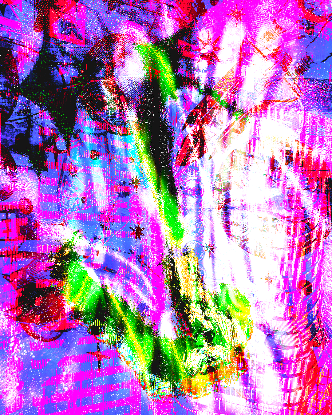 Abstract digital artwork with bright pink, green, and blue colors, featuring layered textures and star-like shapes.