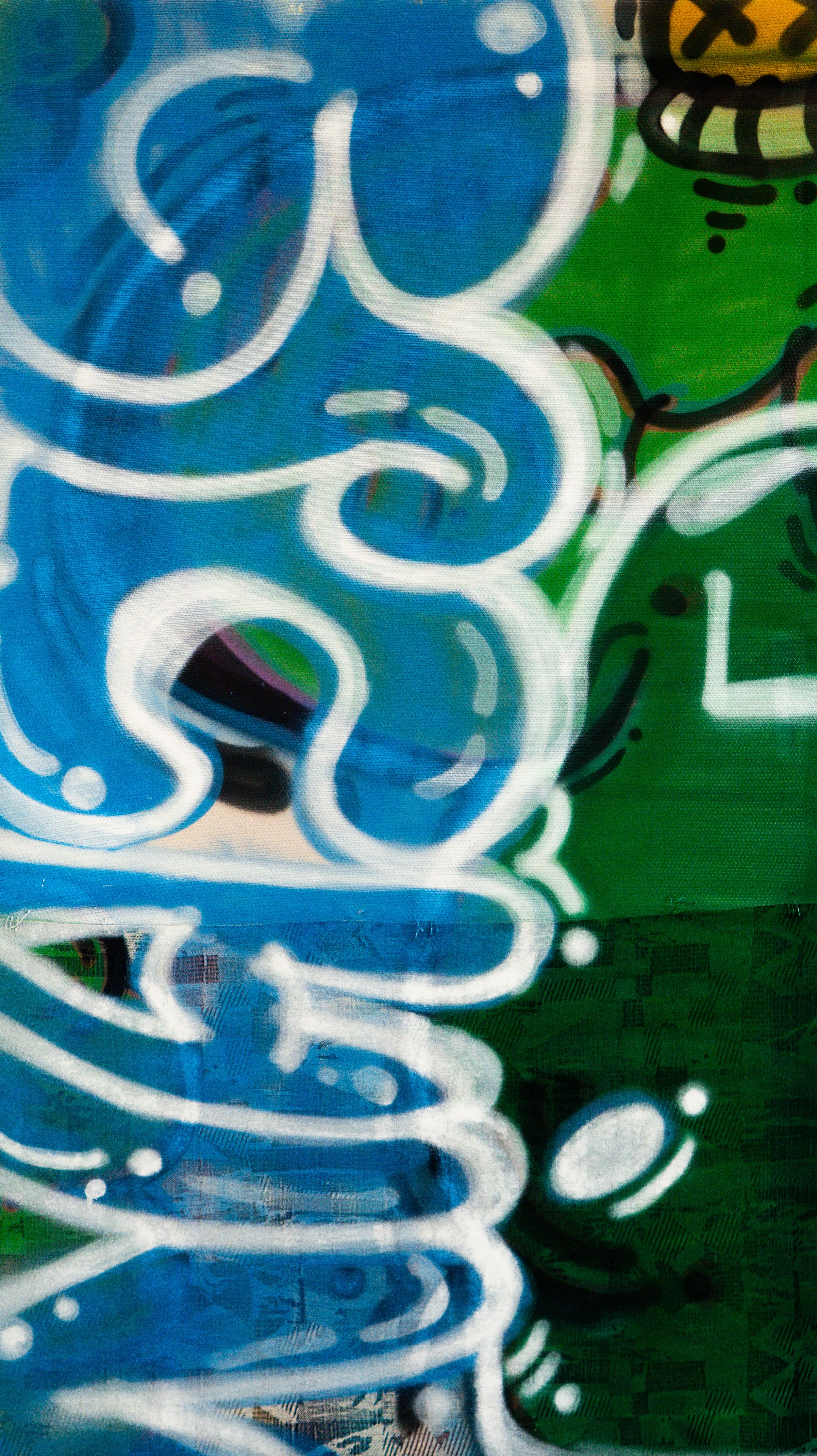 Abstract graffiti art with blue, green, yellow, and black colors, featuring swirling and curved white lines creating a vibrant, dynamic design.