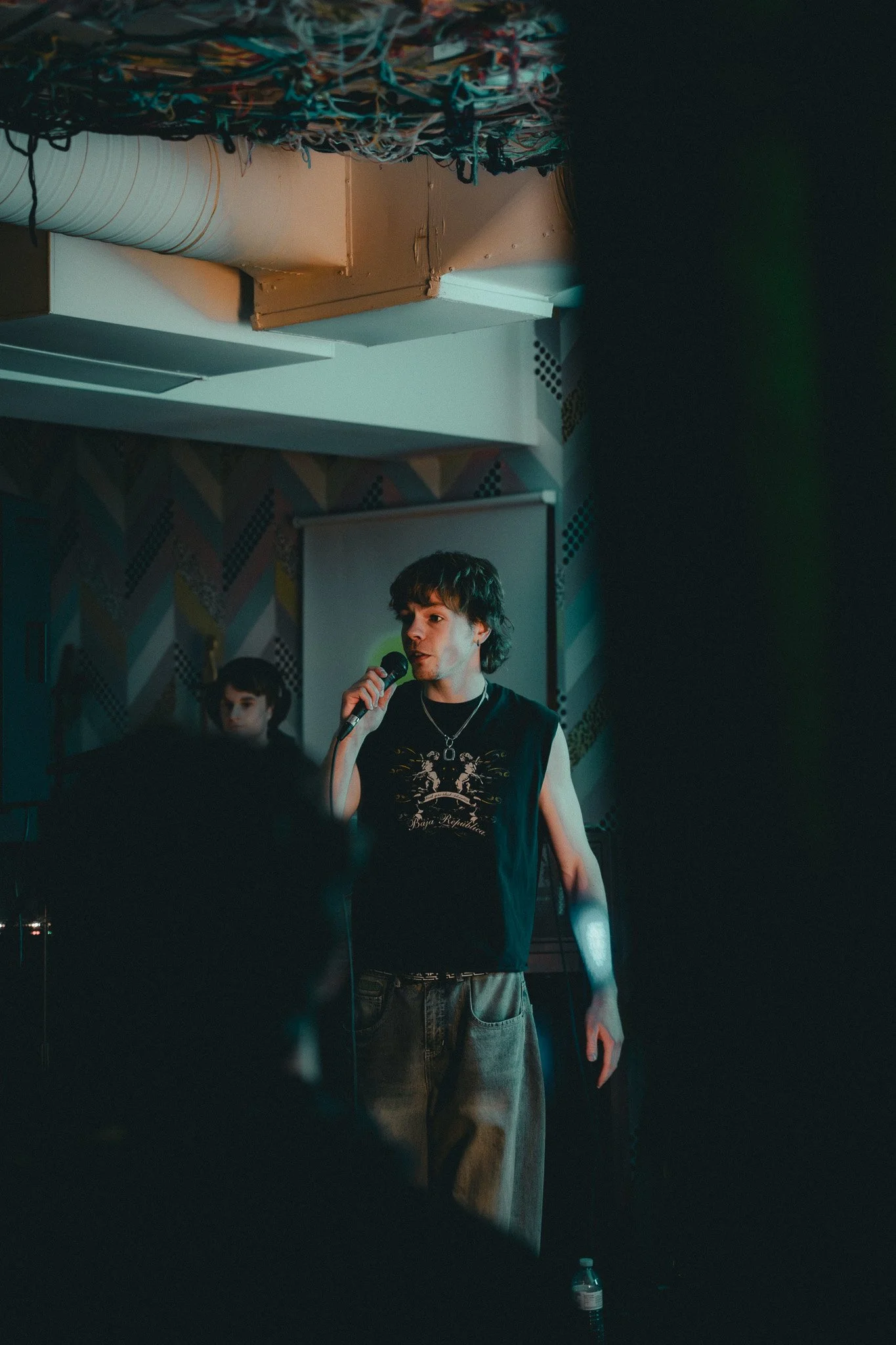 A young person with dark curly hair holding a microphone speaking to an audience in a dimly lit room, with a second person visible in the background, and colorful, patterned wallpaper on the wall.
