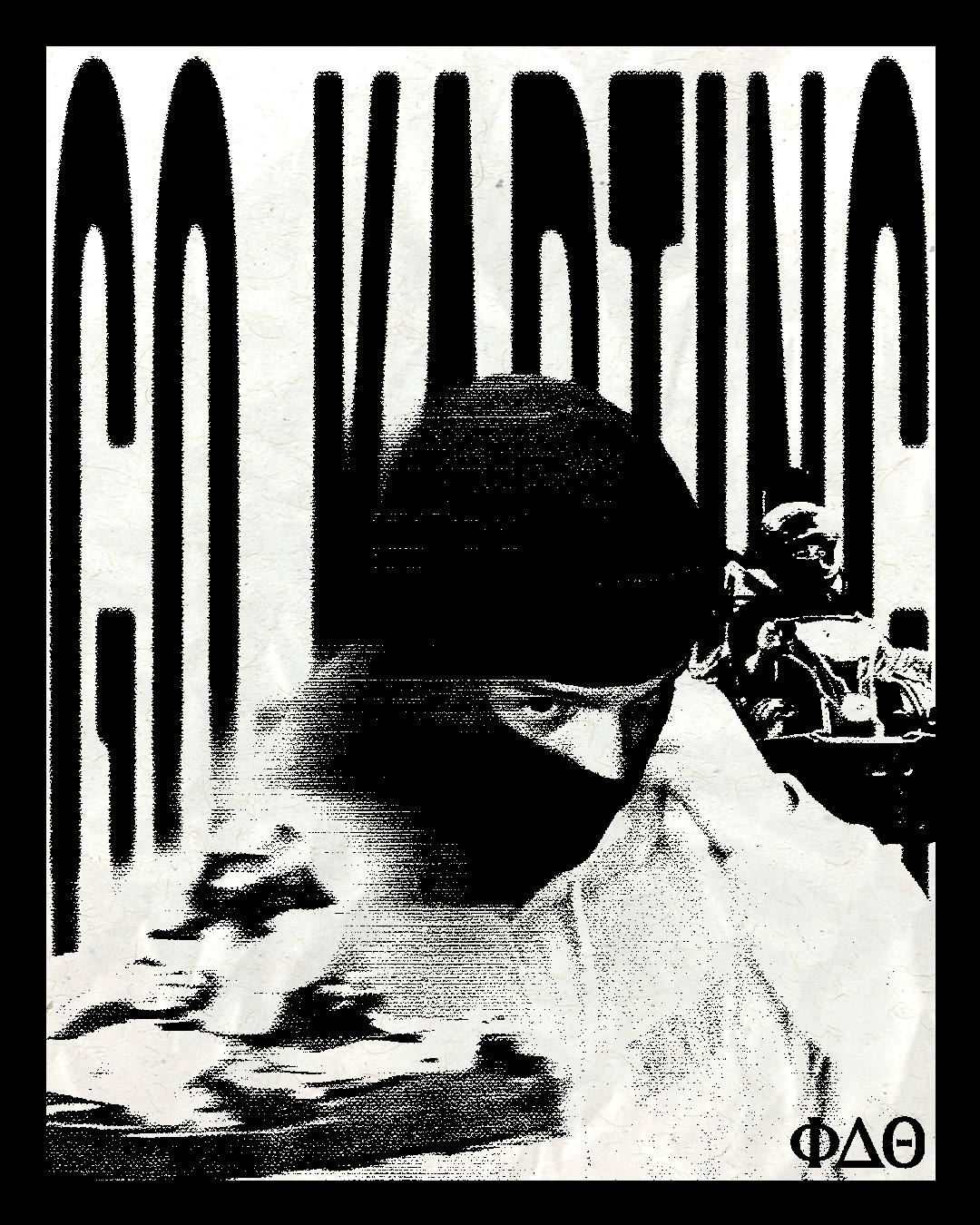 Black and white poster with "Go Karting" in bold text, a person wearing a helmet featuring prominently, and a small image of go-karts.