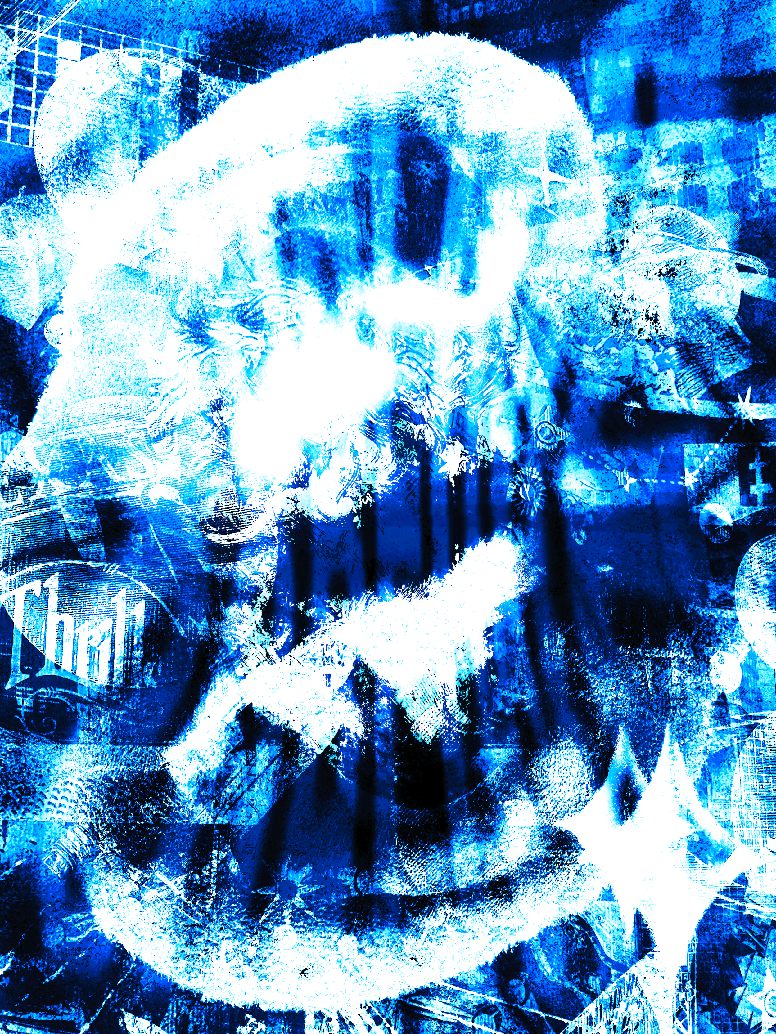 Abstract digital art featuring a stylized portrait of Abraham Lincoln created with a blue color palette and layered textures.