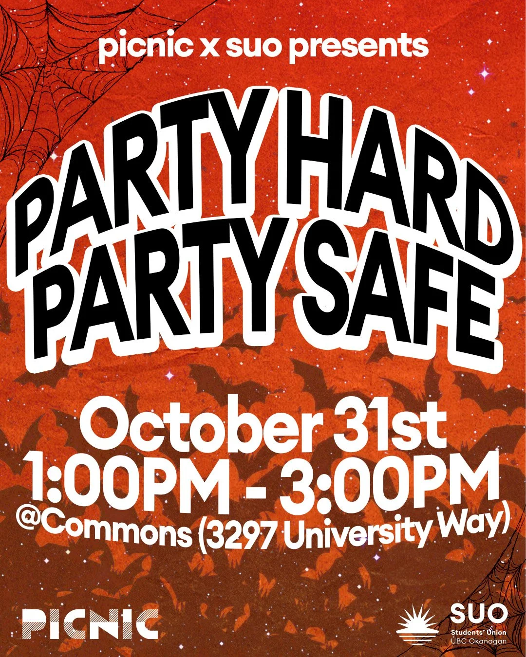 Halloween-themed poster with spider webs and bats background, advertising a safe Halloween party on October 31st from 1:00 PM to 3:00 PM at Commons, 3297 University Way, organized by Picnic x Suo, Students' Union at UBC Okanagan.