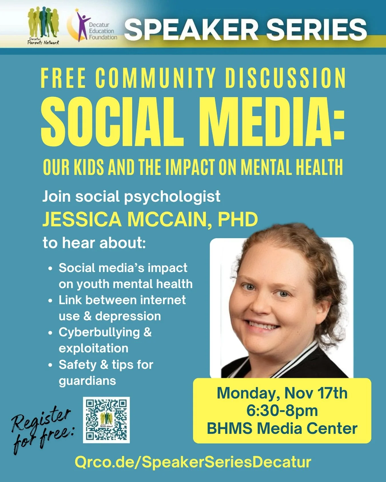 Join DEF, Decatur Parents&rsquo; Network, and Decatur Preventive Initiative for a free community discussion on social media&rsquo;s impact on youth mental health.
Social psychologist Dr. Jessica McCain will break down what parents and caregivers need