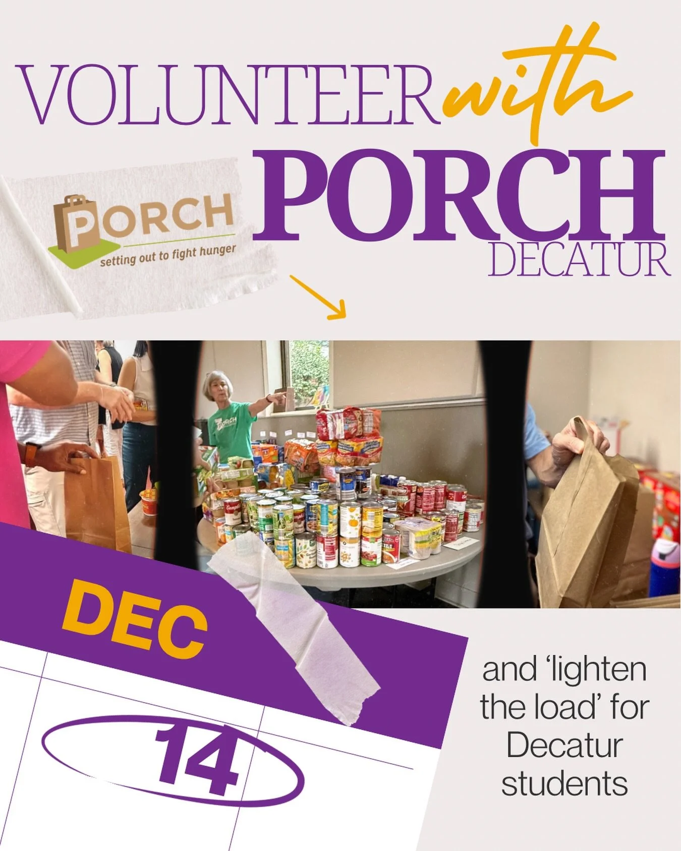 Join DEF and PORCH&ndash;Decatur on Sunday, December 14 to help pack Weekend Food Bags for City Schools of Decatur students. These bags provide extra food support for families who rely on school meals during the week &mdash; a small act that makes a 