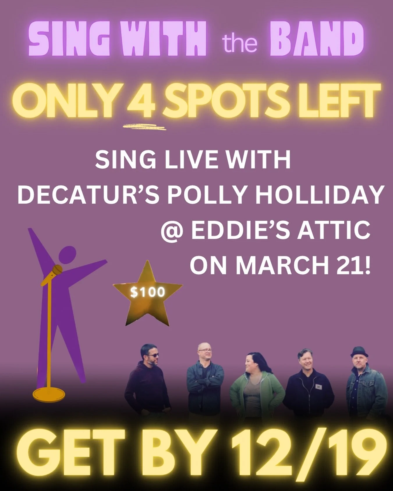 🎶 Still thinking it over? Here&rsquo;s your nudge &mdash; just a few spots remain for Sing With the Band!

For just $100, you (or your child!) could be belting out a song of your choice on stage at Eddie&rsquo;s Attic alongside Polly Holliday. What 