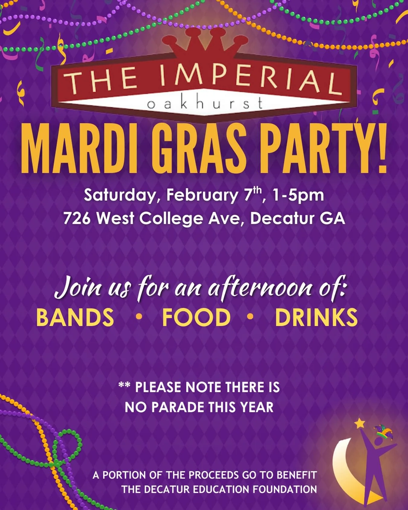 🎭 Let the good times roll! 🎭

Join us for some Mardi Gras merriment at The Imperial on Saturday, Feb. 7th! Music, masks, and mighty good vibes! 

AND The imperial is donating a portion of the proceeds to DEF! Who doesn&rsquo;t love a party with a p