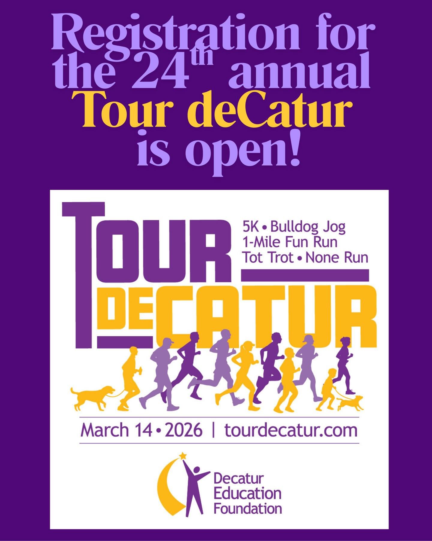 🚨Get ready, get set, GO! Tour deCatur is back for its 24th year! 

This year, in addition to the Peachtree-qualifying 5k, the 1-Mile Fun Run, the adorable Tot Trot for the 4 and under crowd, and the &ldquo;None Run&rdquo; for supporters who want the