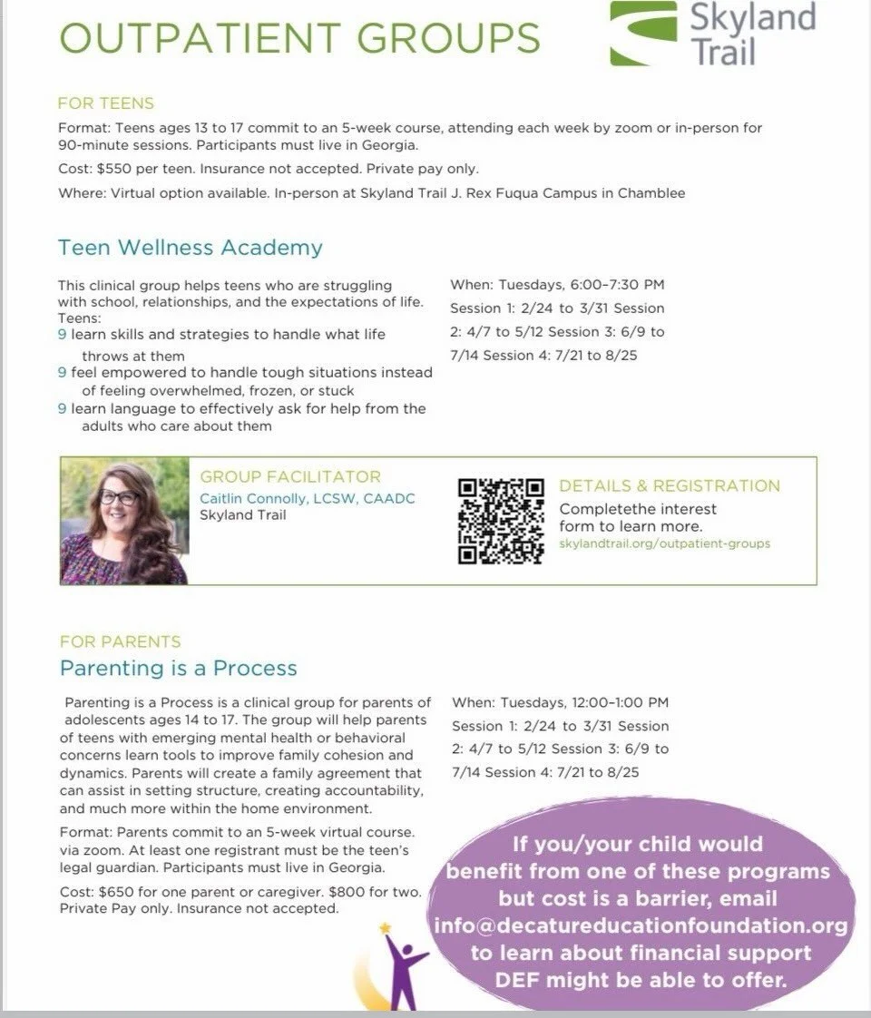 Mental health matters - for teens, for parents, for all of us. 💚

We&rsquo;re sharing three opportunities to learn, connect, and build skills that truly make a difference:

🧠 Skyland Trail Online Workshops for Teens AND for Parents
The Teen Wellnes