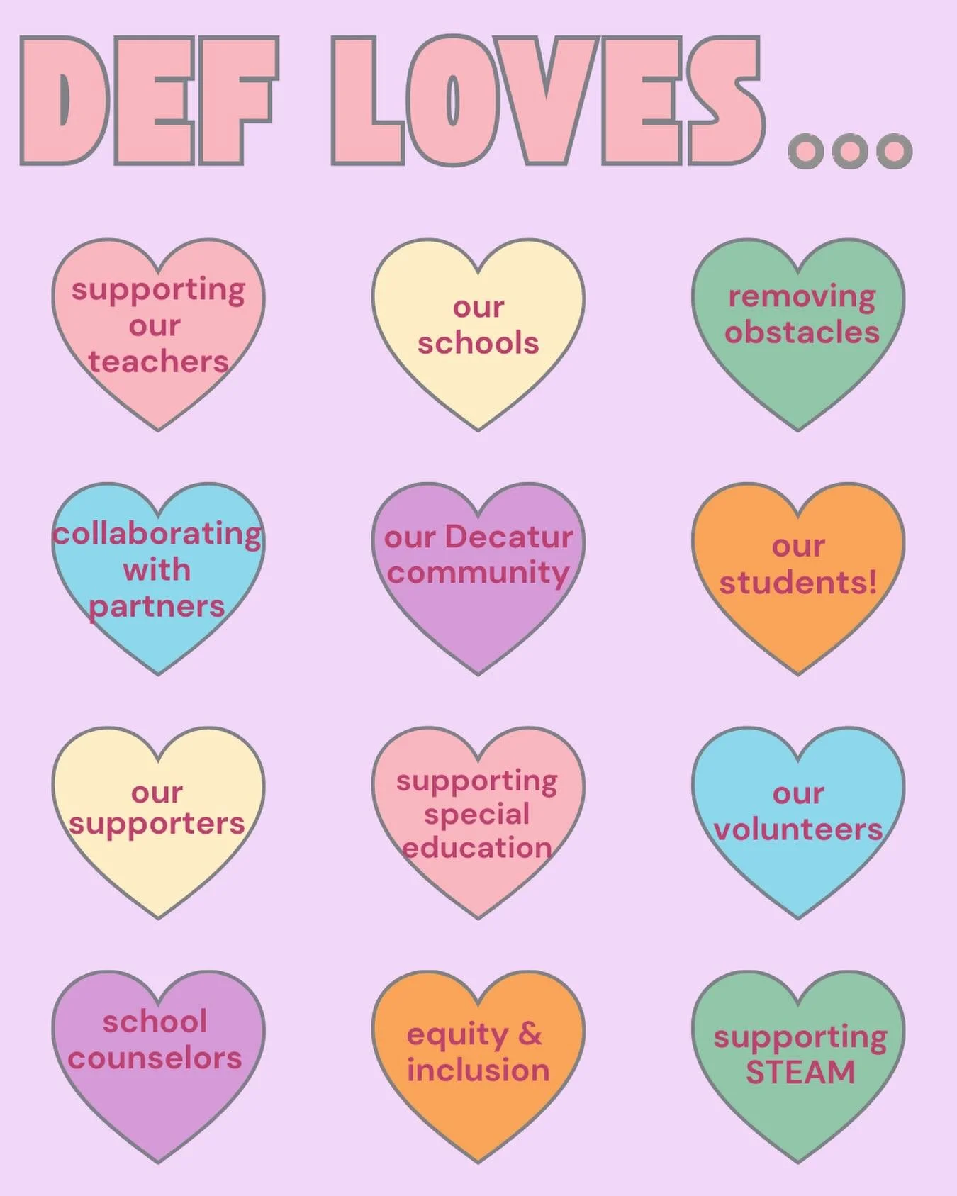 Your support allows DEF to show the love in our schools and in our community! Thank you!
❤️🩷🧡💛💚🩵💙💜❤️🩷🧡💛💚🩵