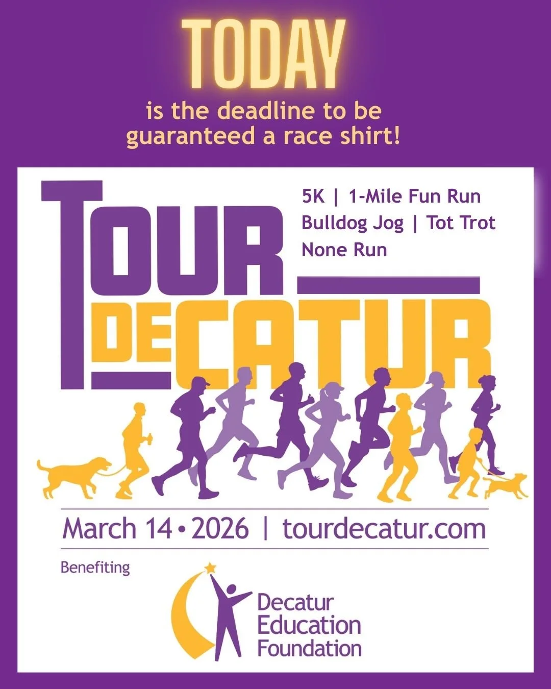 Register TODAY to be guaranteed a beloved Tour deCatur race tee! We know you don&rsquo;t do it for the shirt, but the shirts *are* pretty great! 💜💛💜

#tourdecatur #5k #funrun #bulldogjog #tottrot