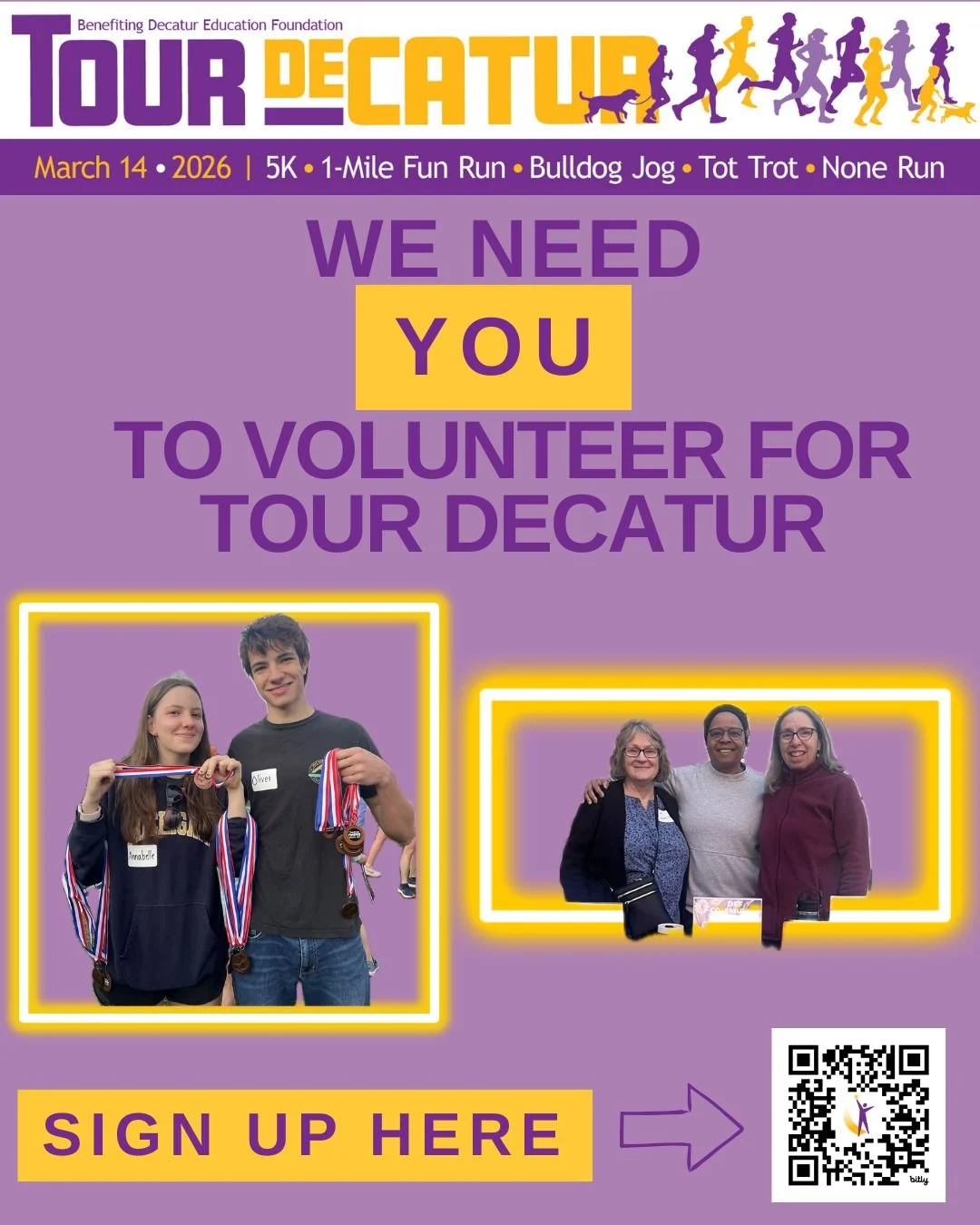 Community participation ensures the success of Tour deCatur. We need volunteer help in a variety of fun tasks. Whether you sign up to be a course monitor or to hand out medals or to help with setup, we need you! See the complete list of volunteer opp