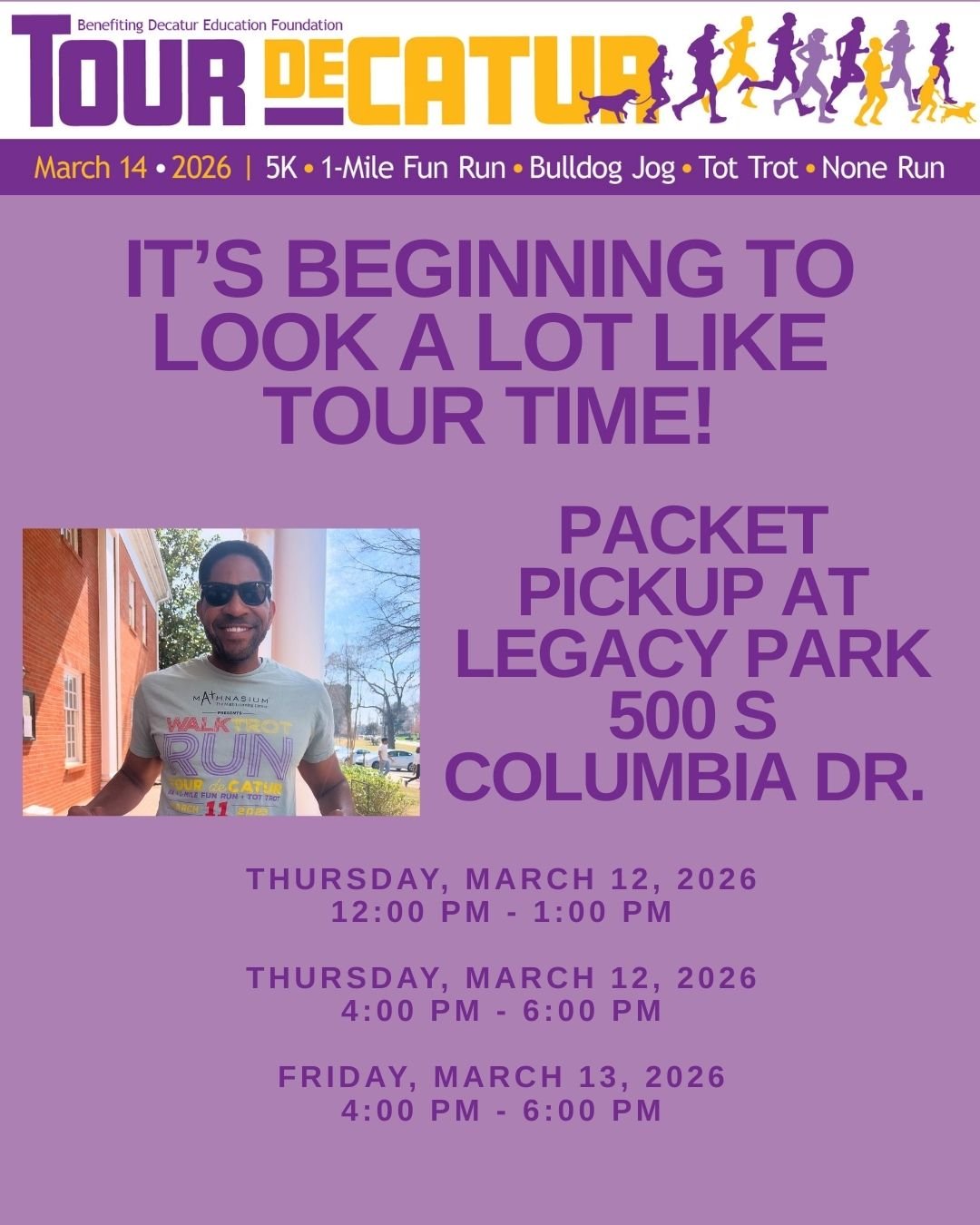 Did you lose an hour last night? DEF can help! ⏰ ⏰ ⏰
We are offering 3 Tour deCatur packet pickup opportunities this week that will save you time on Saturday morning. Pickup your race bib this week and you can go directly to the DHS football field an
