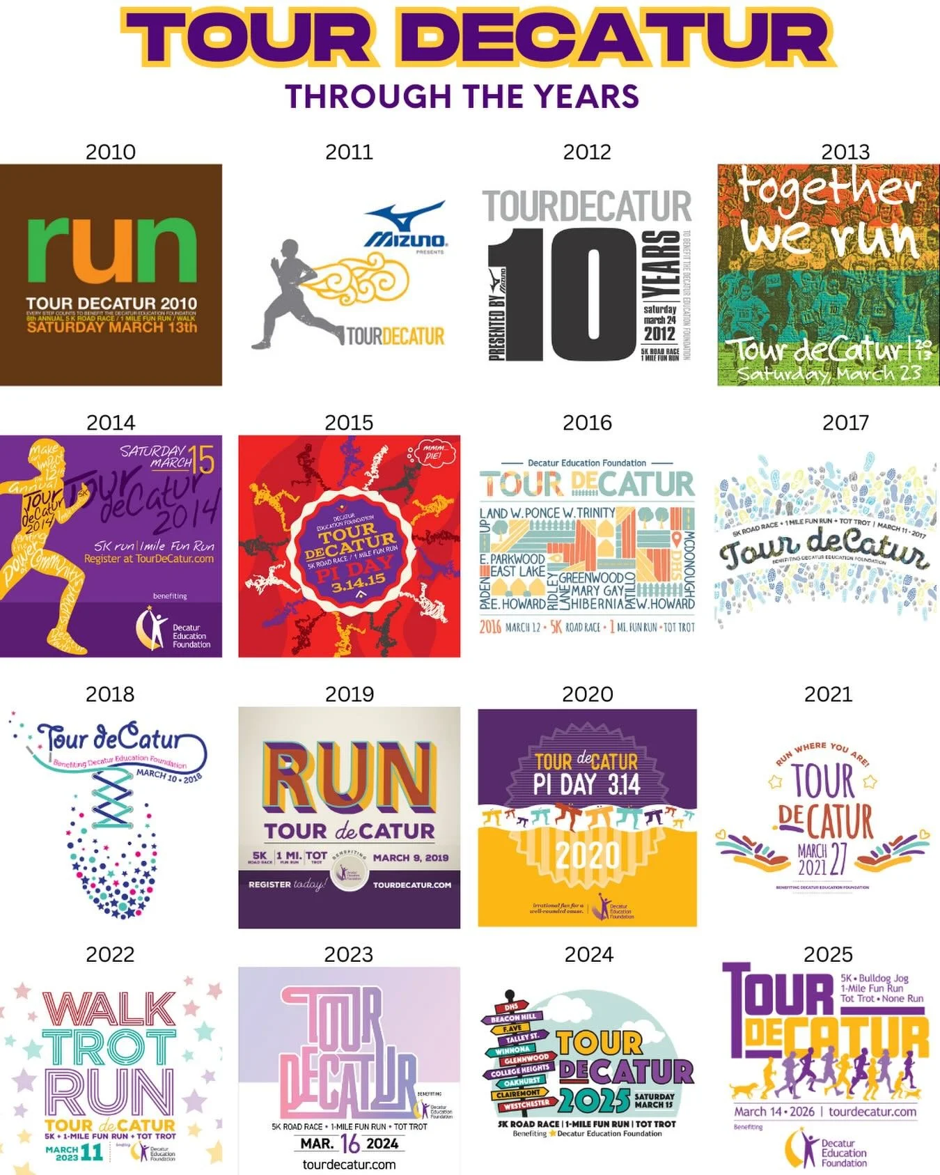 ✨Tour deCatur tees, through the years✨

Designed by our talented friends at Lampe Farley and beloved by our runners (and walkers and trotters).

How many of these do YOU own? And do you have a fave?

#tourdecatur #5k #butmakeitfashion #racetees