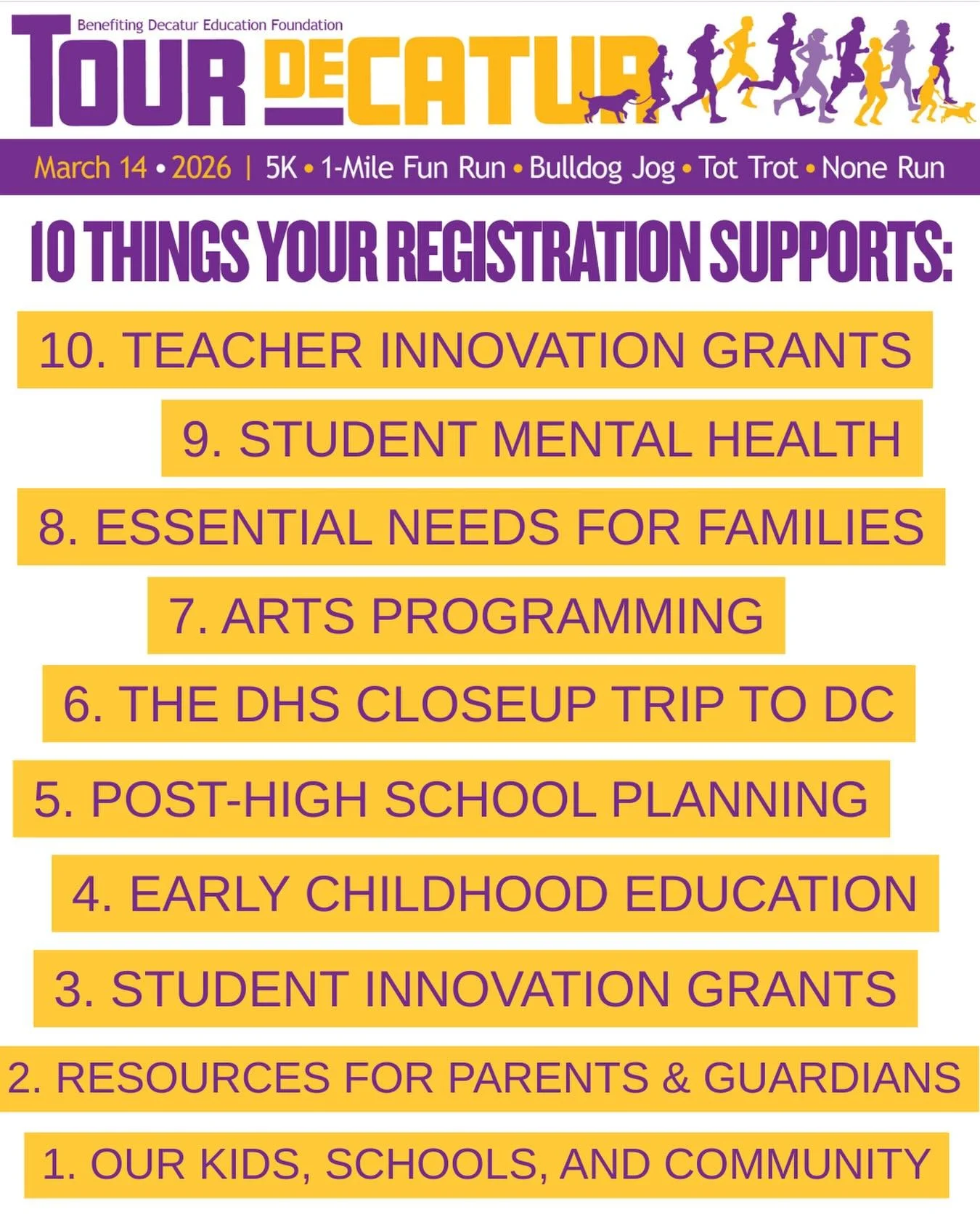 Register today and come by Legacy Park to get your race packet between 4-6pm so that you can skip the line and get right to the fun tomorrow morning!

The sun will be shining, the mascots will be cheering, student groups will be selling pancakes &hel