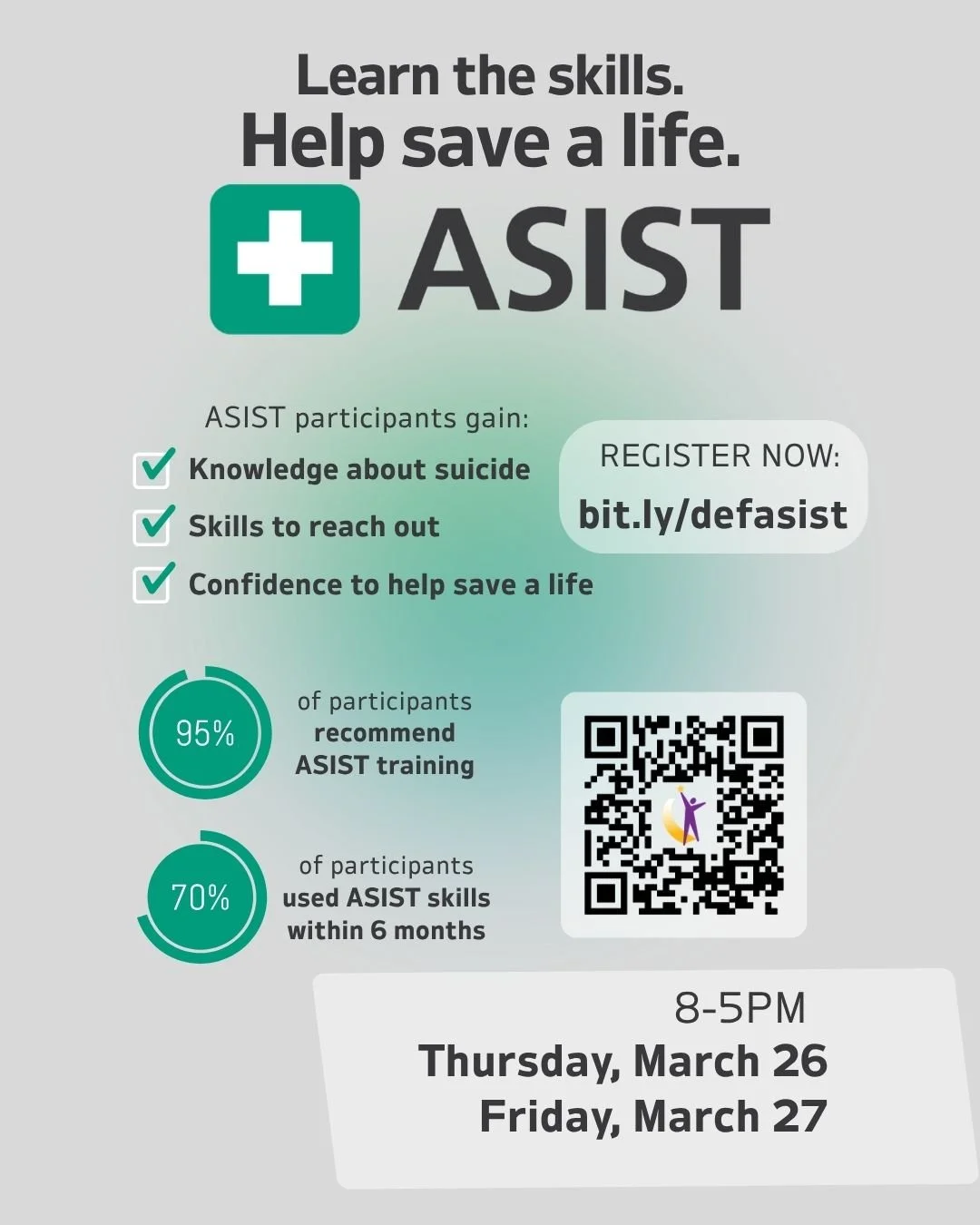 Mental health matters - for teens, for parents, for all of us. 💚
DEF supports opportunities to learn, connect, and build skills that truly make a difference:
💬 Suicide Prevention Training: March 25 &amp; 26. bit.ly/defasist 
Through ASIST (Applied 