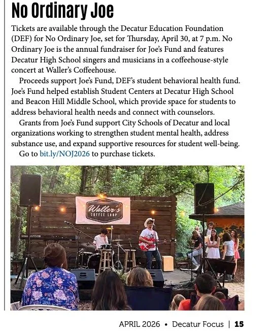 Thank you, @cityofdecaturga for including information about our April 30 event, No Ordinary Joe in the April Focus! 

No Ordinary Joe is the annual fundraiser for Joe&rsquo;s Fund, DEF&rsquo;s behavioral health fund. This event features some of Decat