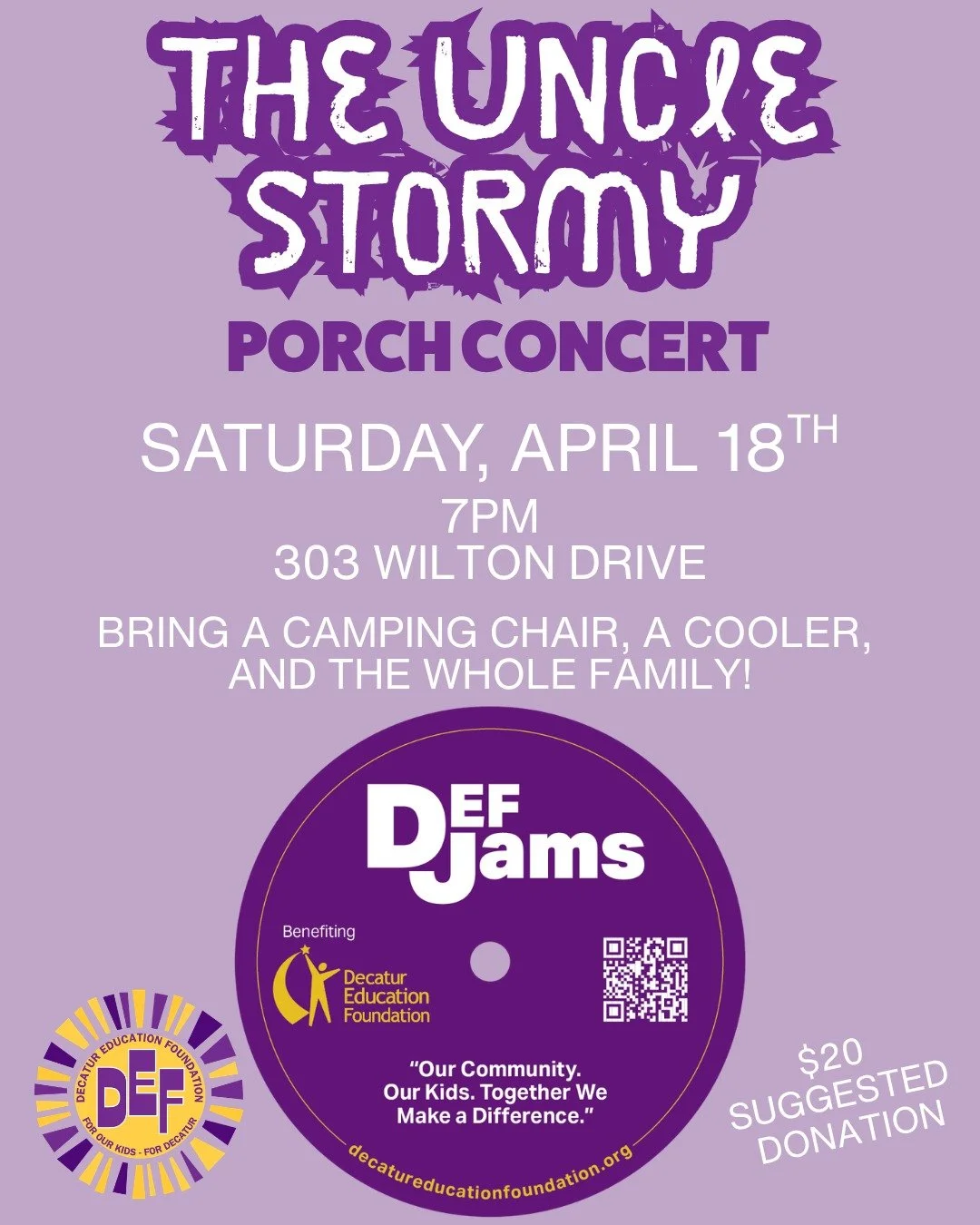 One week from today! DEF Jams is back with a porch concert on Saturday, April 18 at 7pm at 303 Wilton Drive. The Uncle Stormy will be performing a benefit concert for Decatur Education Foundation. 

The Uncle Stormy plays everything from ABBA, Aretha