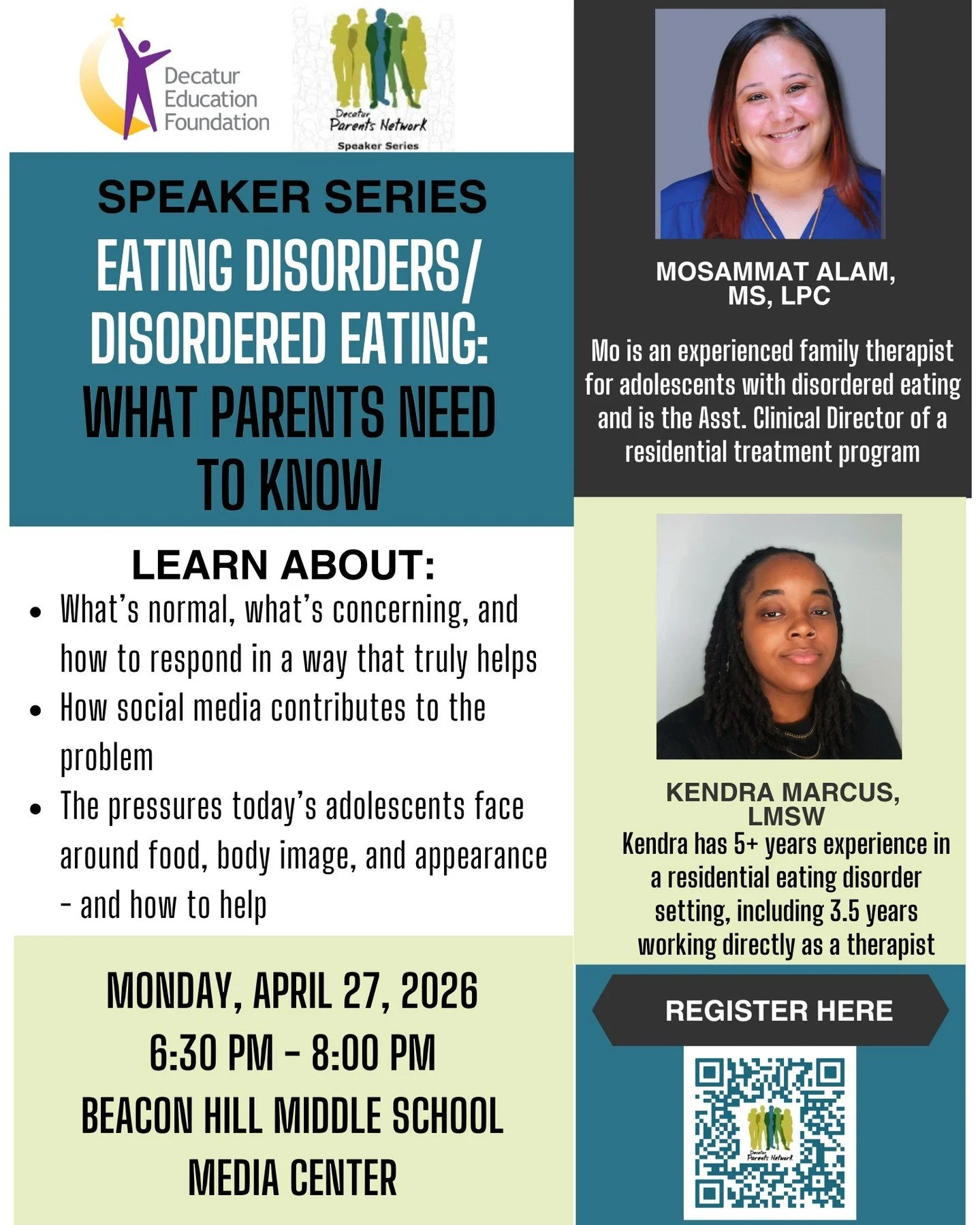 Join us for this informative event on Eating Disorders/Disordered Eating: What Parents Need to Know
Monday April 27, 2026, 6:30-8 pm
Beacon Hill Middle School-Library/Media Center
REGISTRATION ENCOURAGED: https://www.decaturparents.net/events/speaker