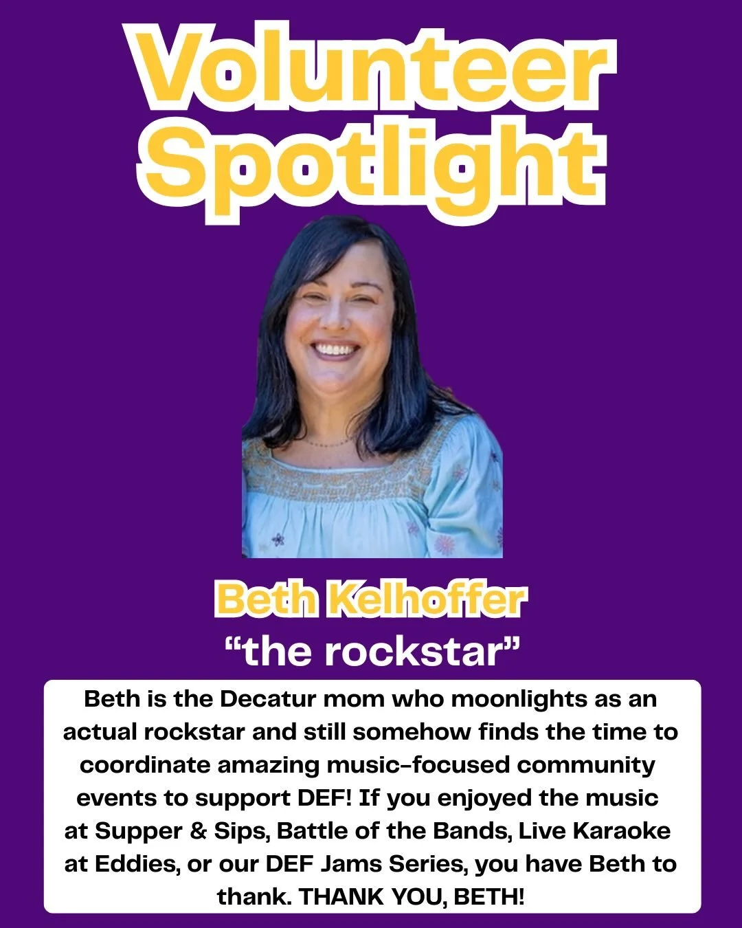 Volunteer Spotlight, Round Two! Thank you to these three for all the ways they show up for DEF! And thank you to SO many of you who volunteered at our events this year - the work we do isn&rsquo;t possible without you! 💜

#NationaVolunteerWeek #Volu
