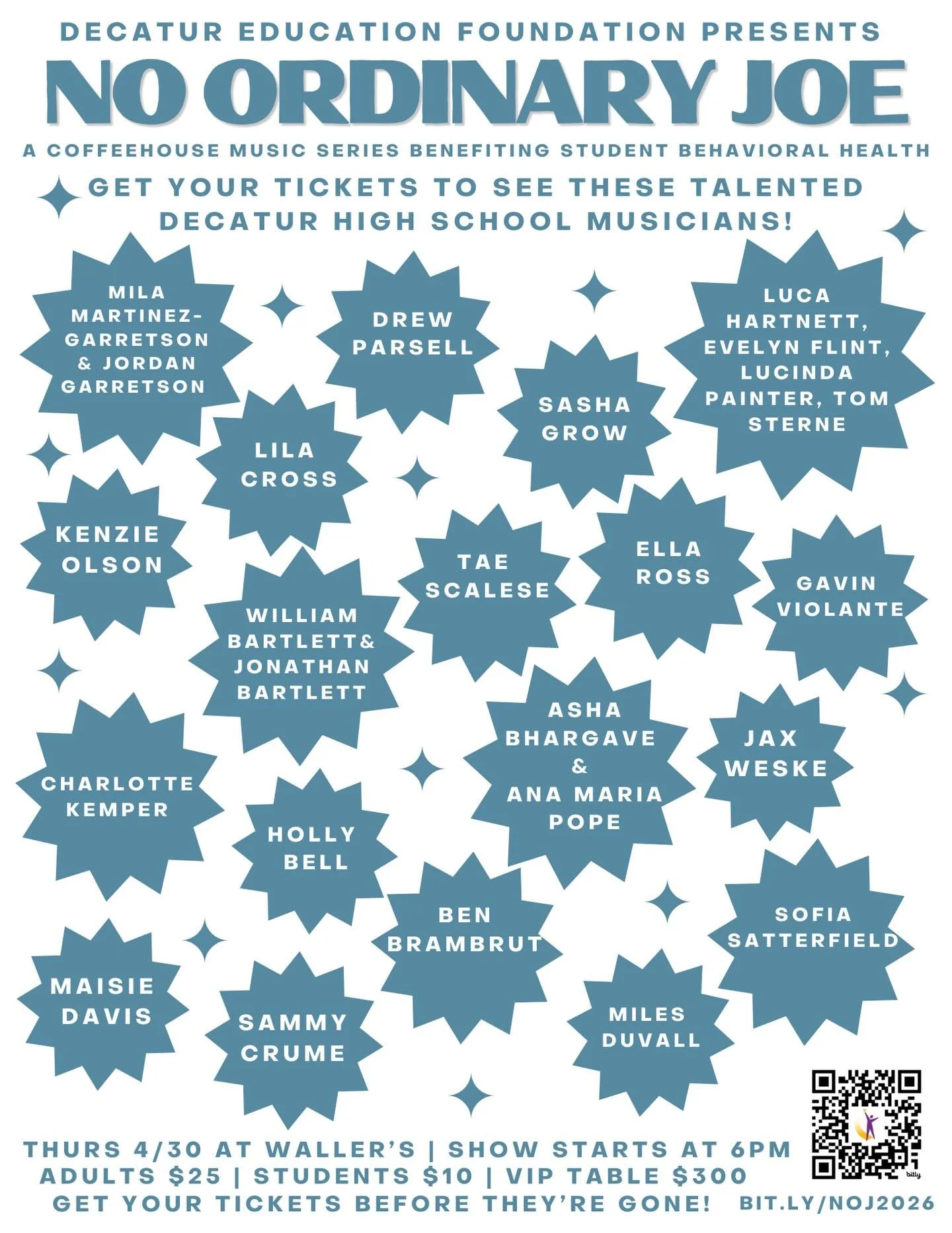 📣Important Headliner Announcement📣

Check out this talented line-up of Decatur High School singers, songwriters, and musicians who&rsquo;ll be performing to support student behavioral health Thursday night!

The show starts at 6pm with our awesome 