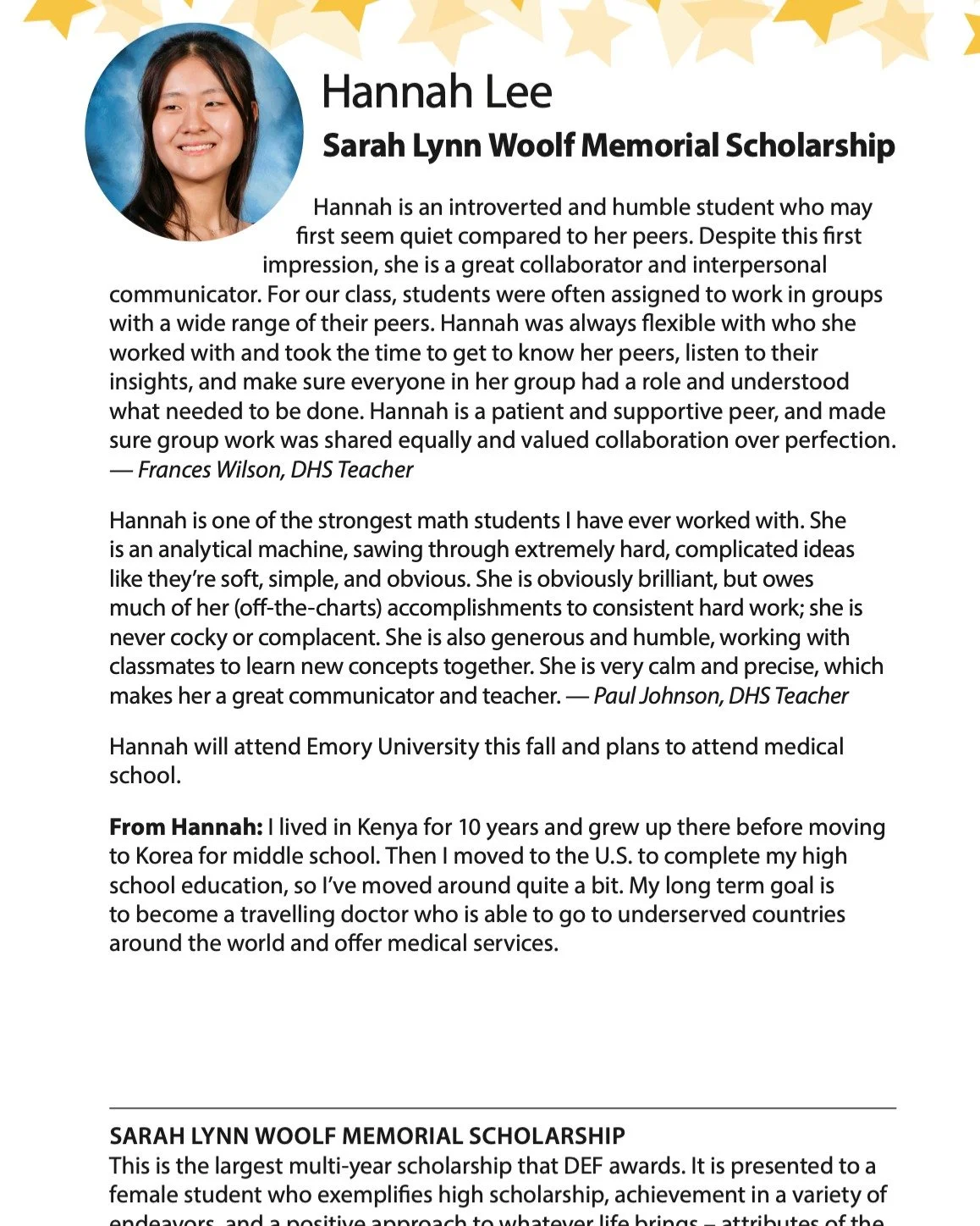 Thursday evening, we will award the 20 student scholarships that DEF administers. www.decatureducationfoundation.org/higher-education Four of the scholarships are application based with students submitting applications in the spring and the others ar