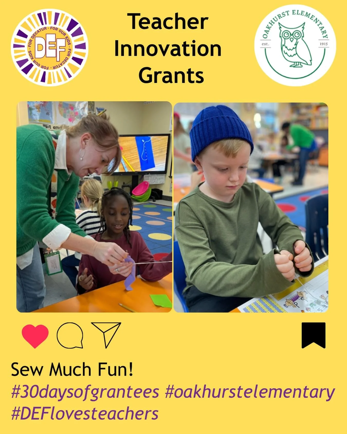 Cindy Aldridge received one of DEF&rsquo;s Teacher Innovation Grants for her program Sew Much Fun: Learning Through Stitches at Oakhurst Elementary. 🪡🧵

This after school club provided first and second grade students at Oakhurst Elementary with fou