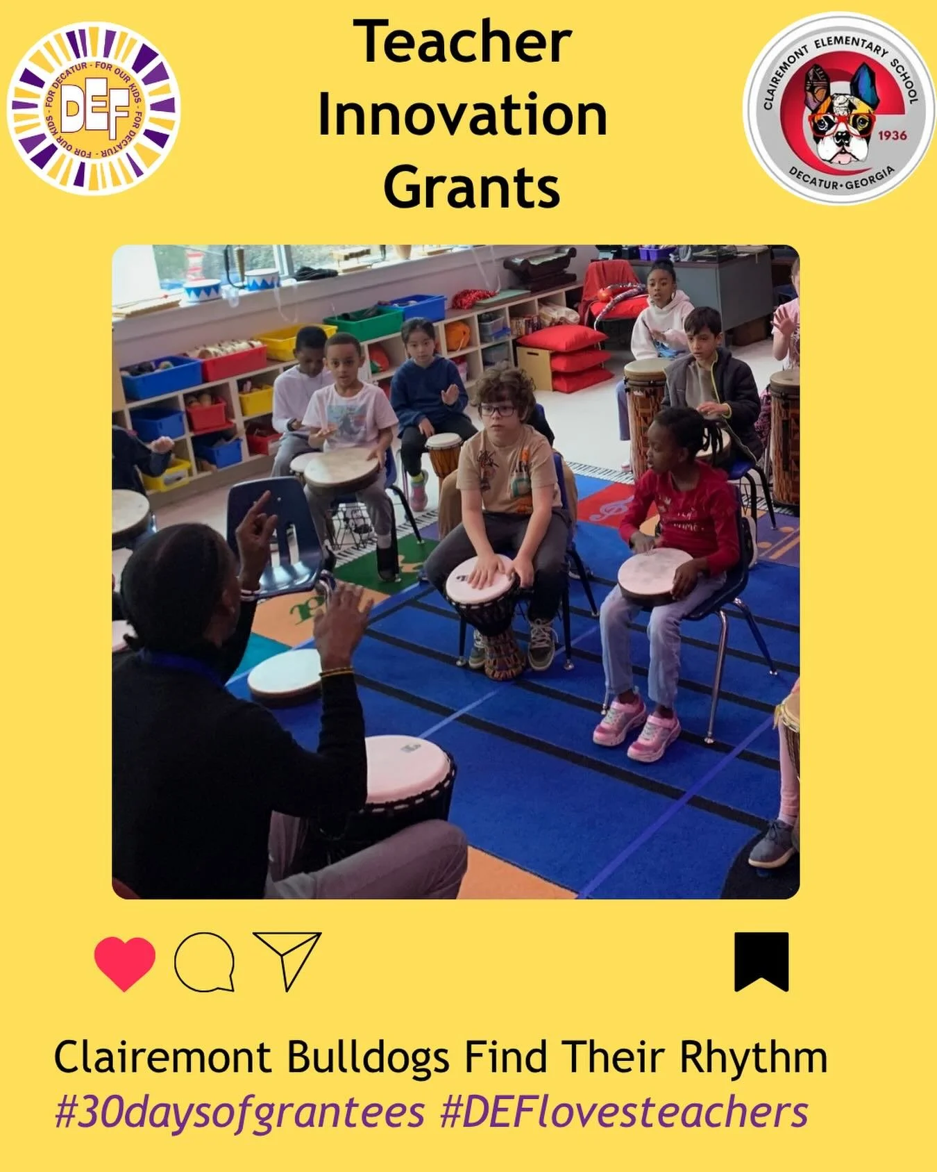 Monica Nelson received a DEF Teacher Innovation Grant to purchase djembes for students at Clairemont Elementary School to explore West African drumming. 🪘🥁
 
Expert drummer Omolewa Perry led the students but soon realized that syncopation can be tr