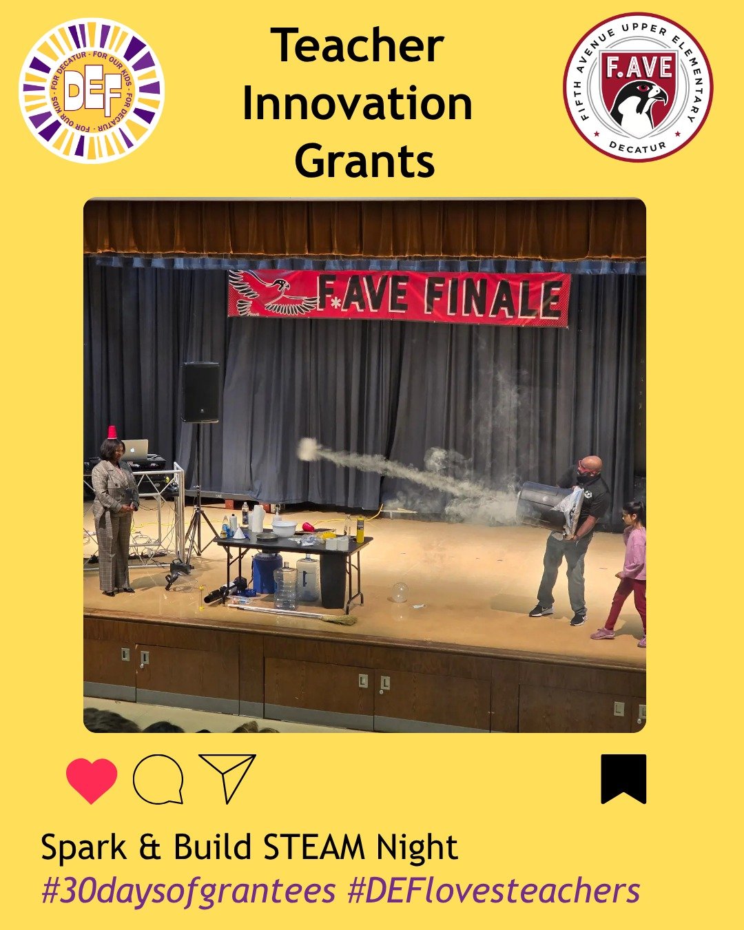 DEF is proud to sponsor the Spark &amp; Build STEAM Night at F.Ave. This event gives attendees opportunities to participate in cool STEAM activities as well as a look at the creative work of the F.Ave Falcons 

#30daysofgrantees
