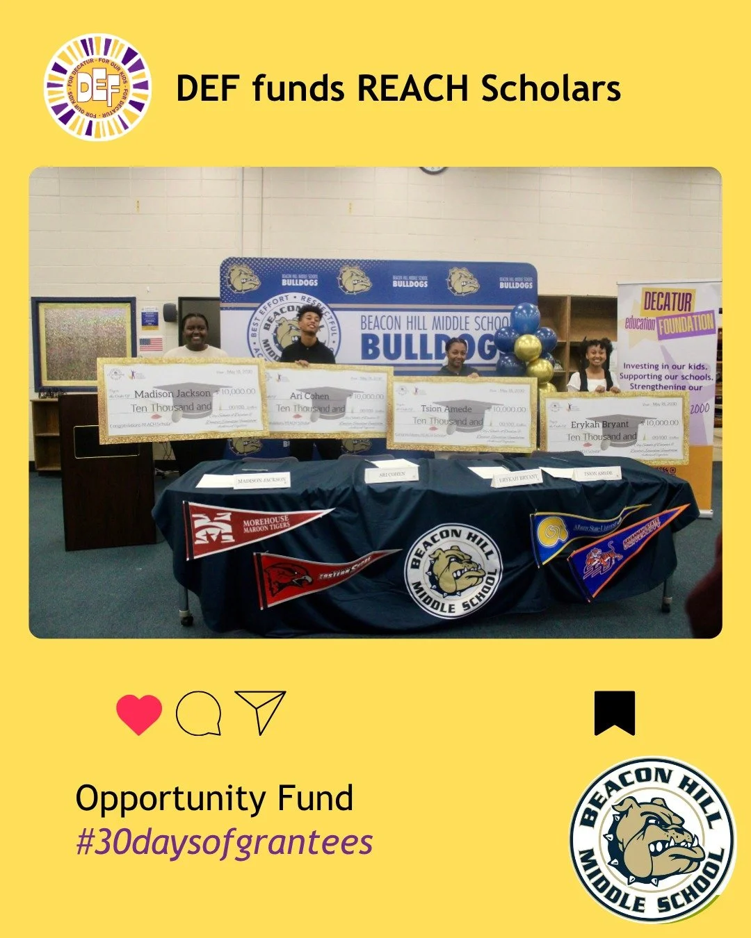 DEF funds the payment for students to participate in The REACH Georgia Scholarship Program. REACH Scholars are paired with a mentor to support them through high school graduation and receive a $10,000 scholarship when they enroll in a Georgia college